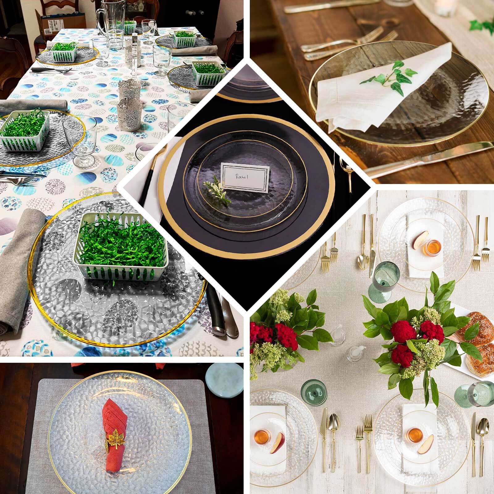 10-Pack Transparent Blush Hammered Plastic Round Dessert Plates with Gold Rim - Disposable & Modern