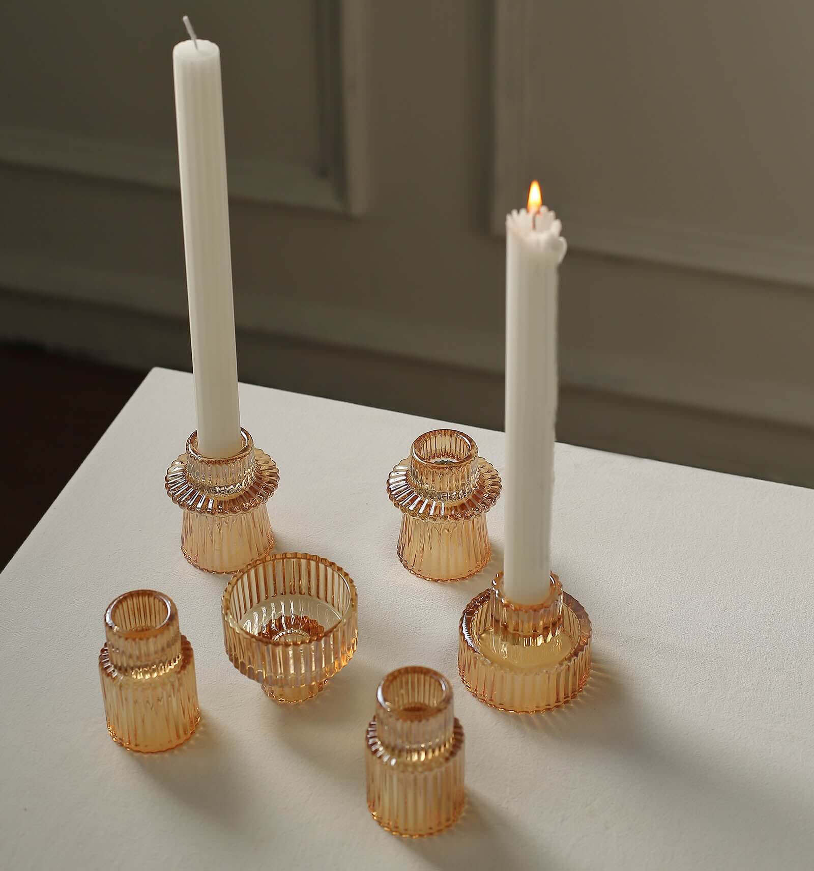 Hot Sale! Set of 6 Amber Gold Glass Taper Candle Holders with Ribbed Crystal Design