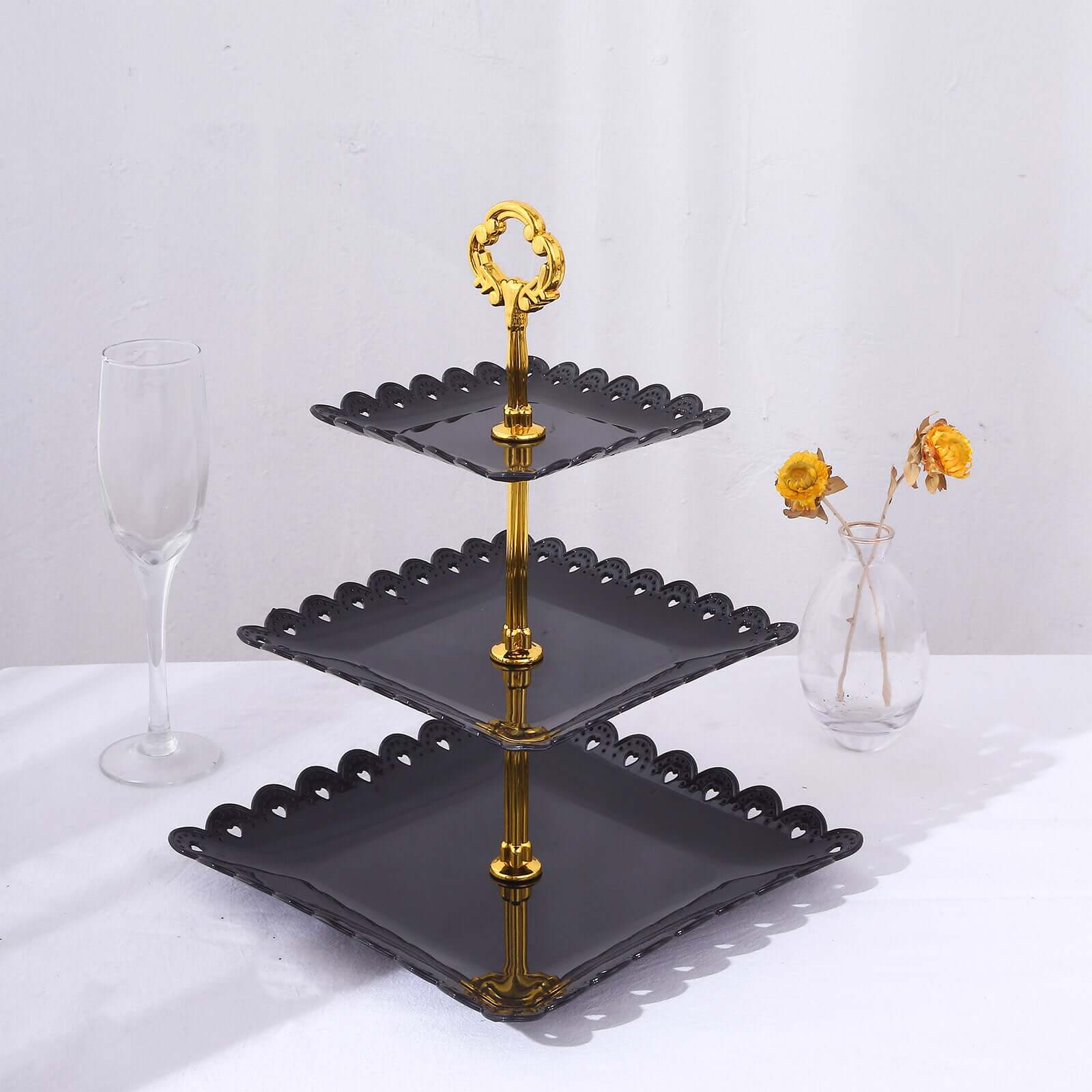 Black 3-Tier Plastic Square Cupcake Stand Tower - Ideal for Tea Parties, Weddings & Special Occasions