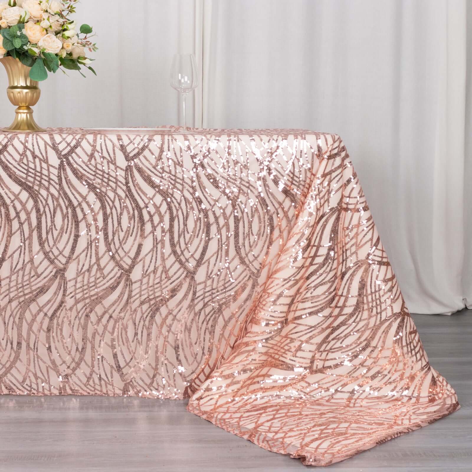 Sparkly Rose Gold Sequin Embroidered Mesh Rectangle Tablecloth (90x156) for Special Events