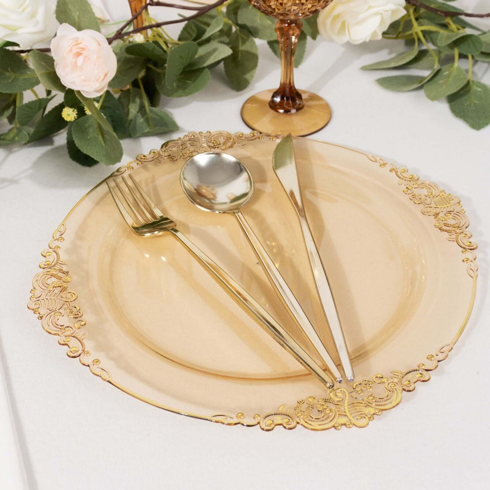 10-Pack Disposable Plastic Round Dinner Plates in Transparent Amber Gold with Gold Leaf Rim