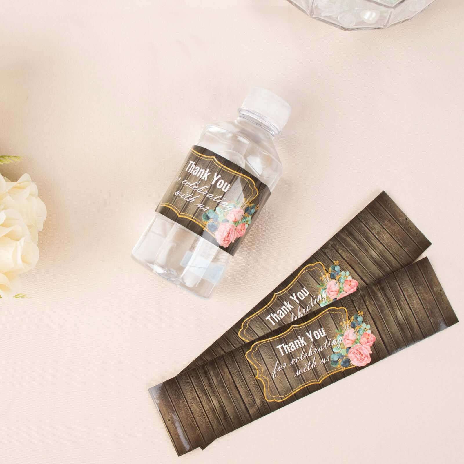 24-Pack Waterproof Rustic Water Bottle Labels with Gold Floral Frame - Thank You!