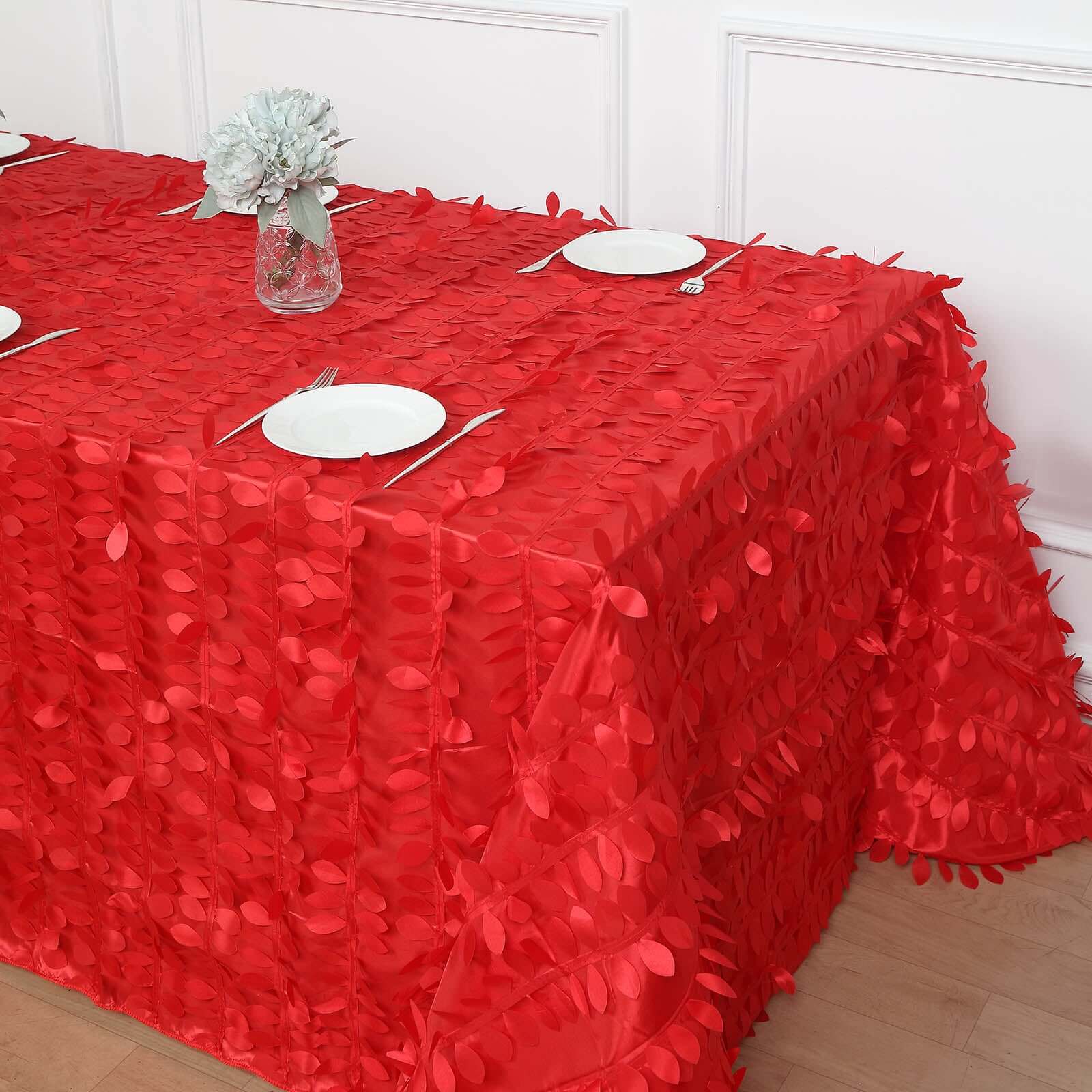Hot Deal! Red Taffeta Rectangle Tablecloth with 3D Leaf Petal Design