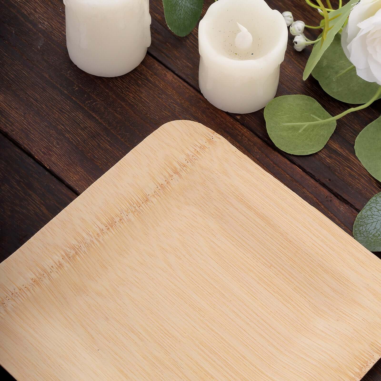 10-Pack Natural Bamboo 9 Square Dinner Plates - Eco-Friendly Disposable for Events
