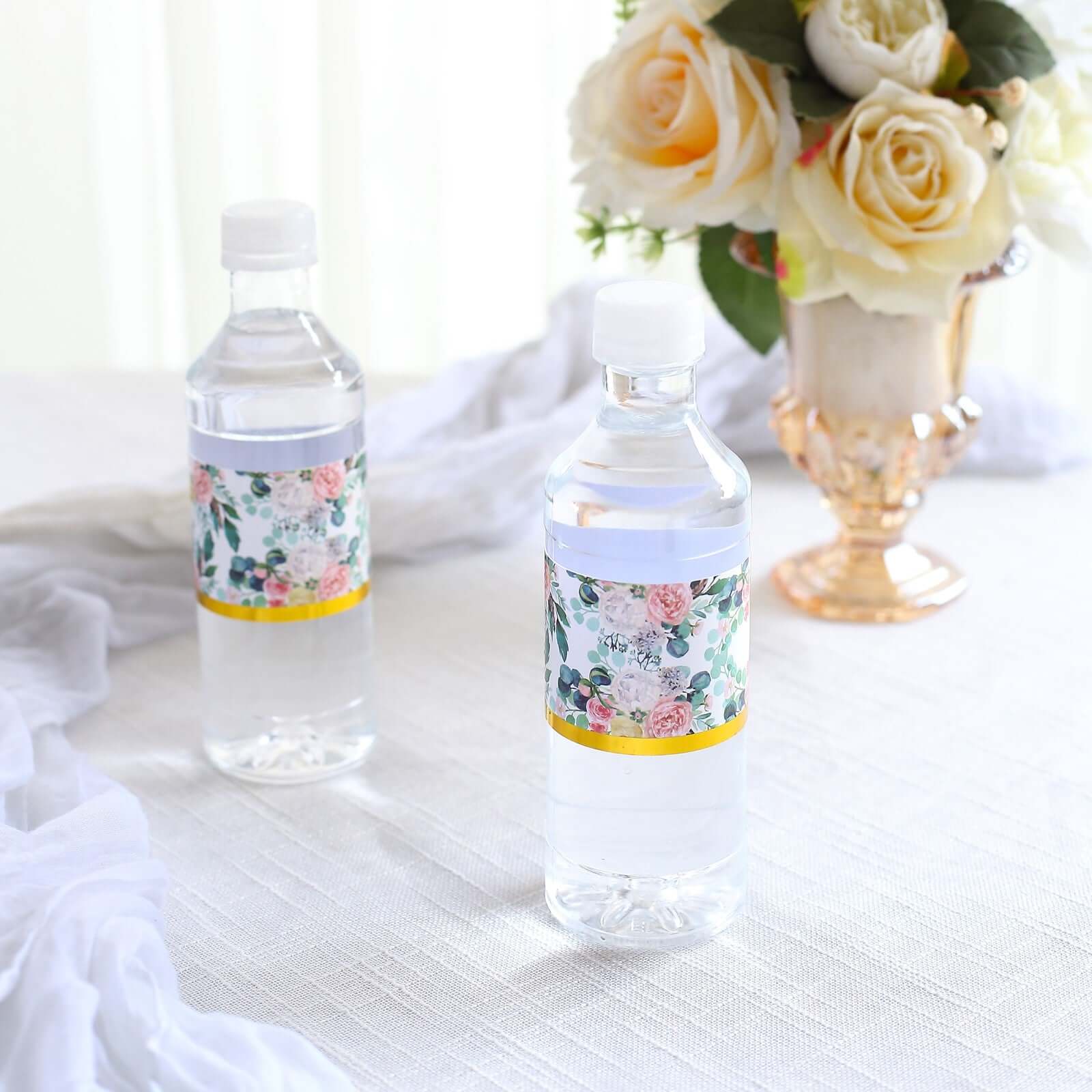 24-Pack Waterproof Water Bottle Labels: Peony Floral Design with Gold Trim in White & Pink