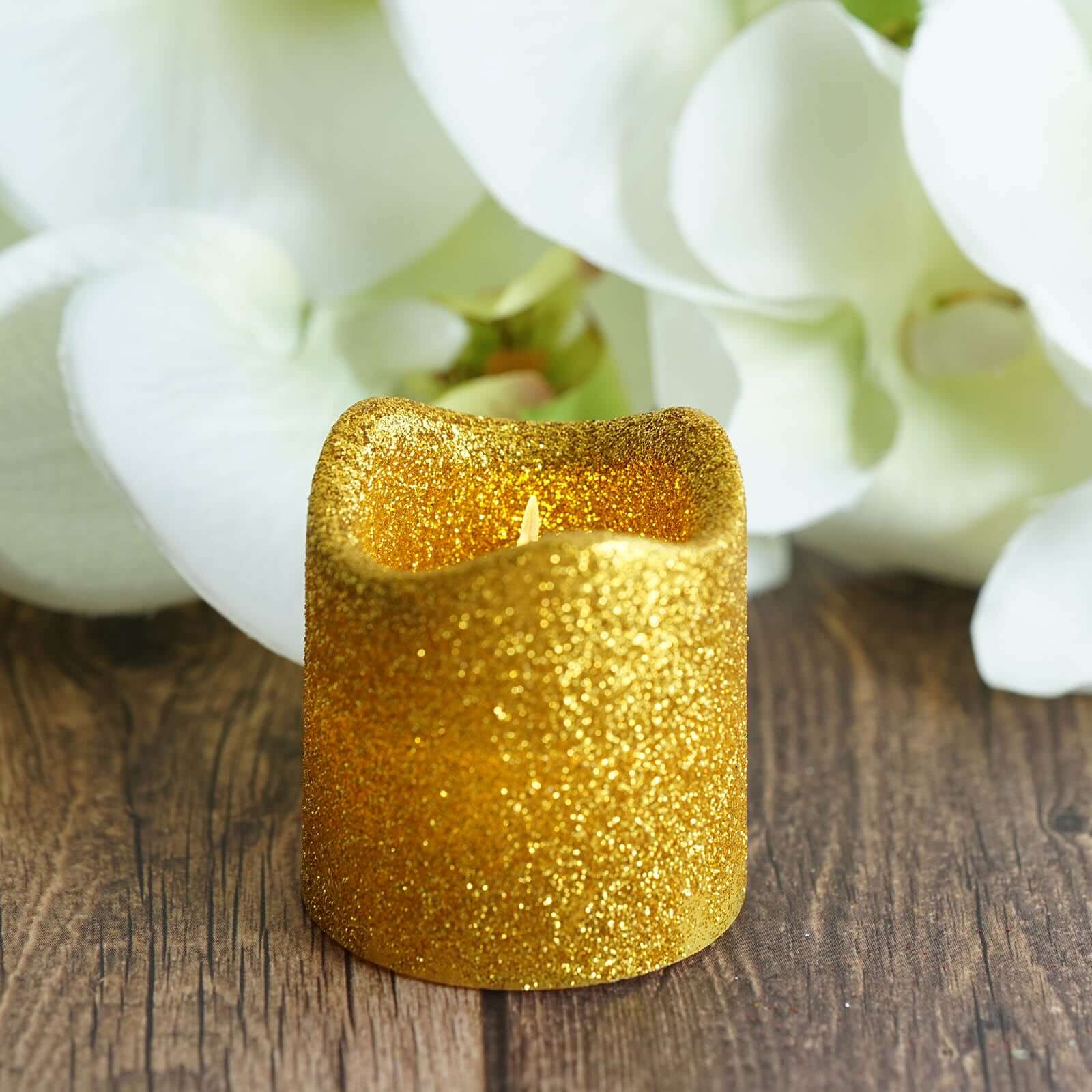 Hot Sale! 12-Piece Reusable Flameless LED Votive Candles with Glittered Gold Design, Battery Operated
