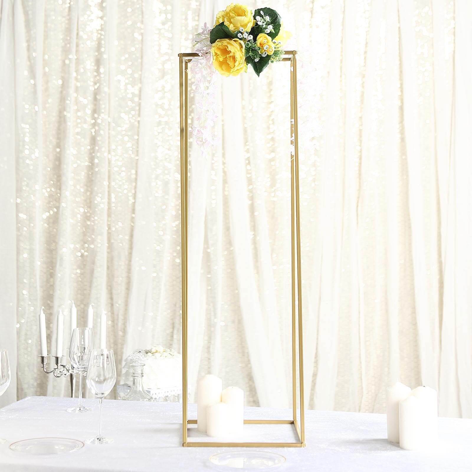 2-Pack Matte Gold Metal Rectangular Geometric Column Flower Stand for Elegant Arrangements