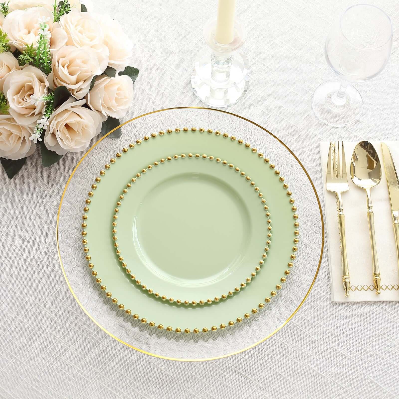 Hot Deal! 10-Piece Set of Sage Green Round Disposable Plastic Dessert Plates with Gold Beaded Rim for Parties