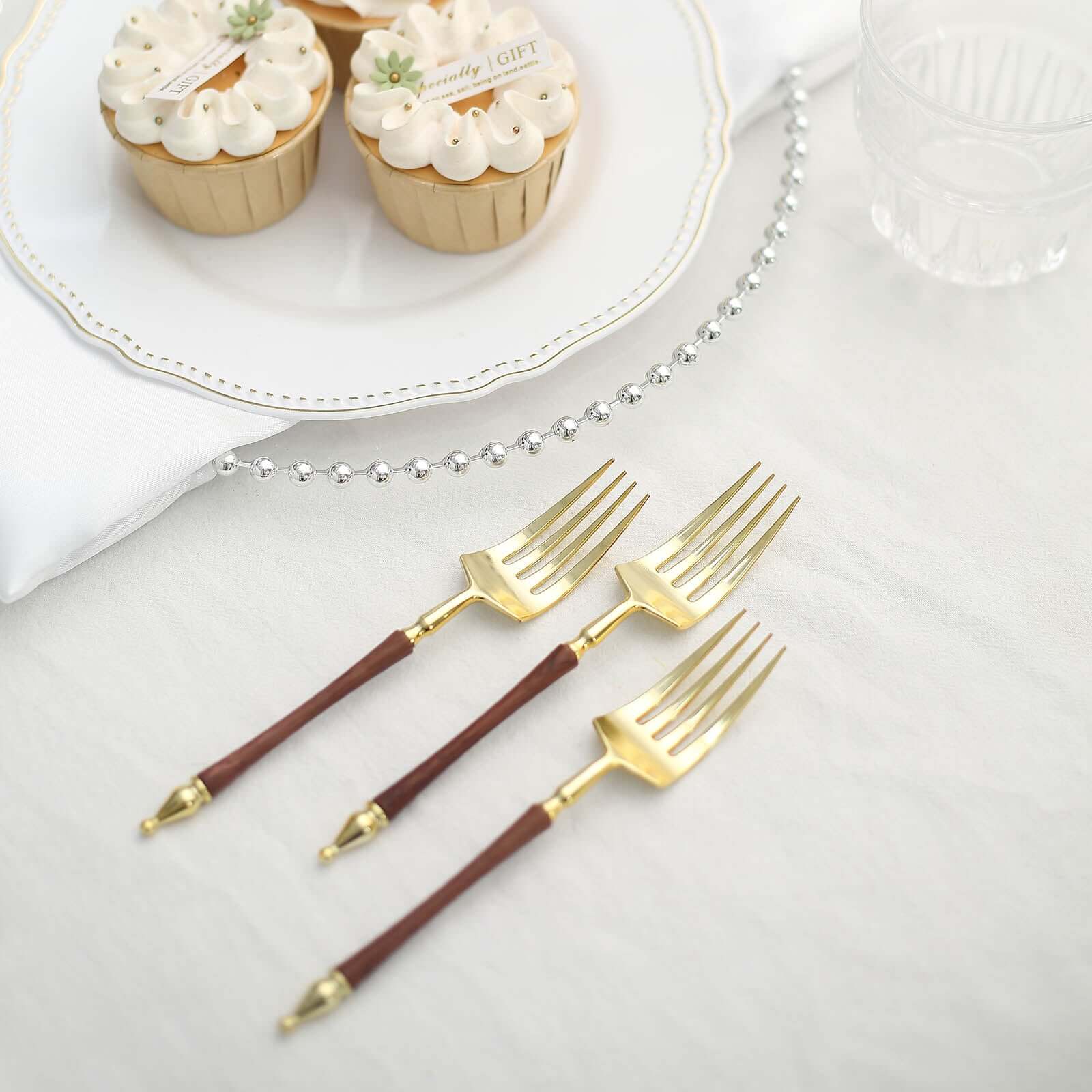 24-Pack Gold/Brown European-Style Disposable Dessert Forks with Roman Column Handles