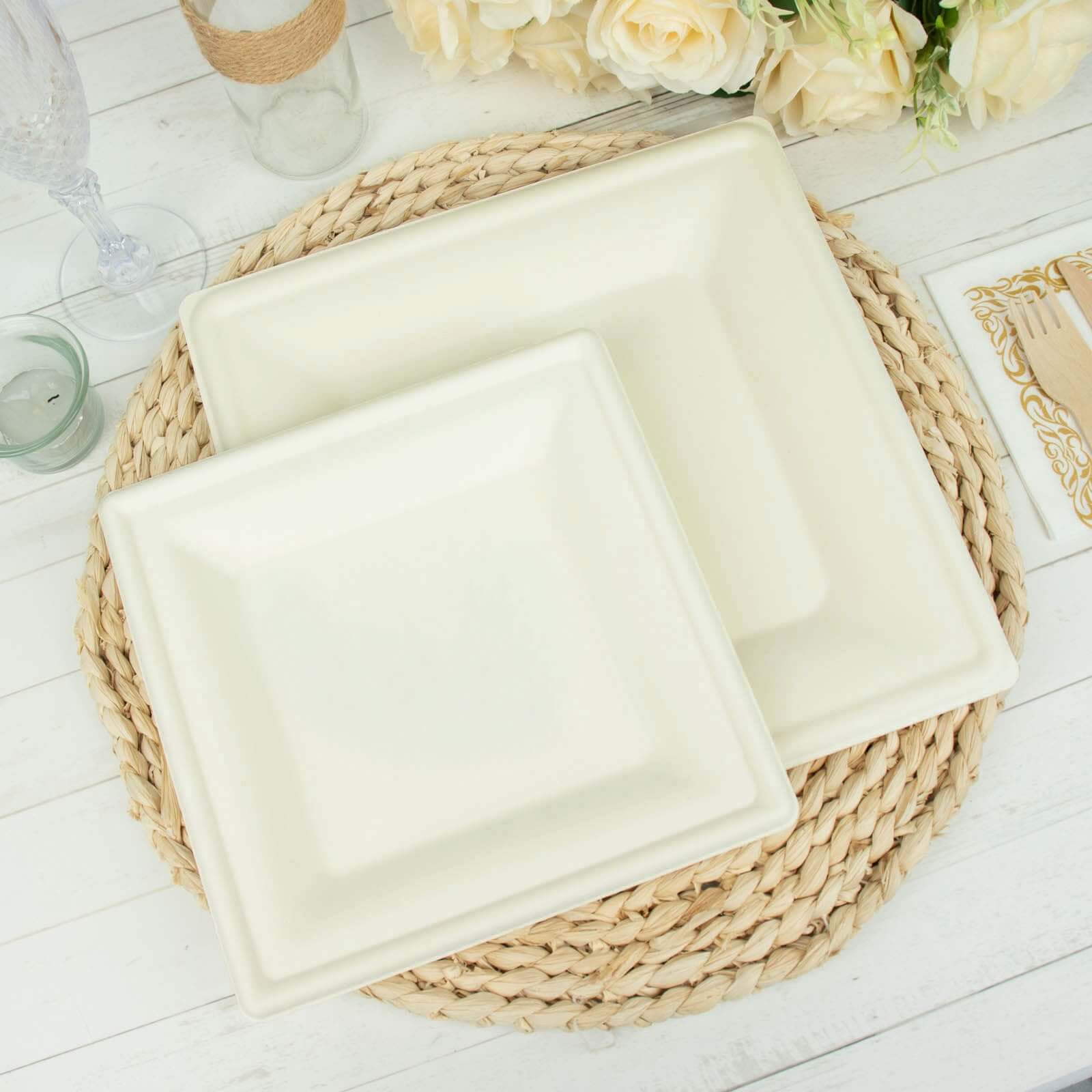 50-Pack White Bagasse 8" Square Wide Rim Dessert/Salad Plates - Eco-Friendly for Parties