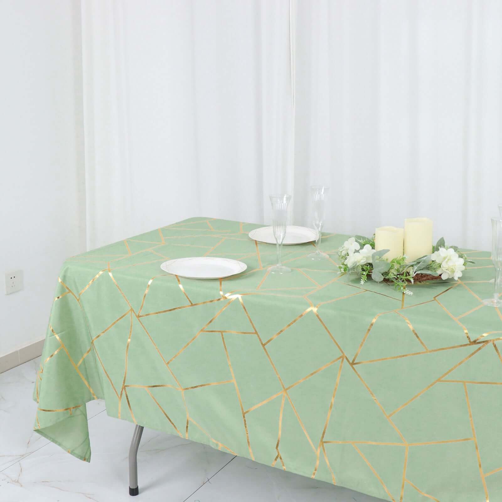 Hot Sale! Wrinkle-Resistant & Durable Polyester Rectangle Tablecloth in Sage Green with Gold Foil Geometric Design (60x102)
