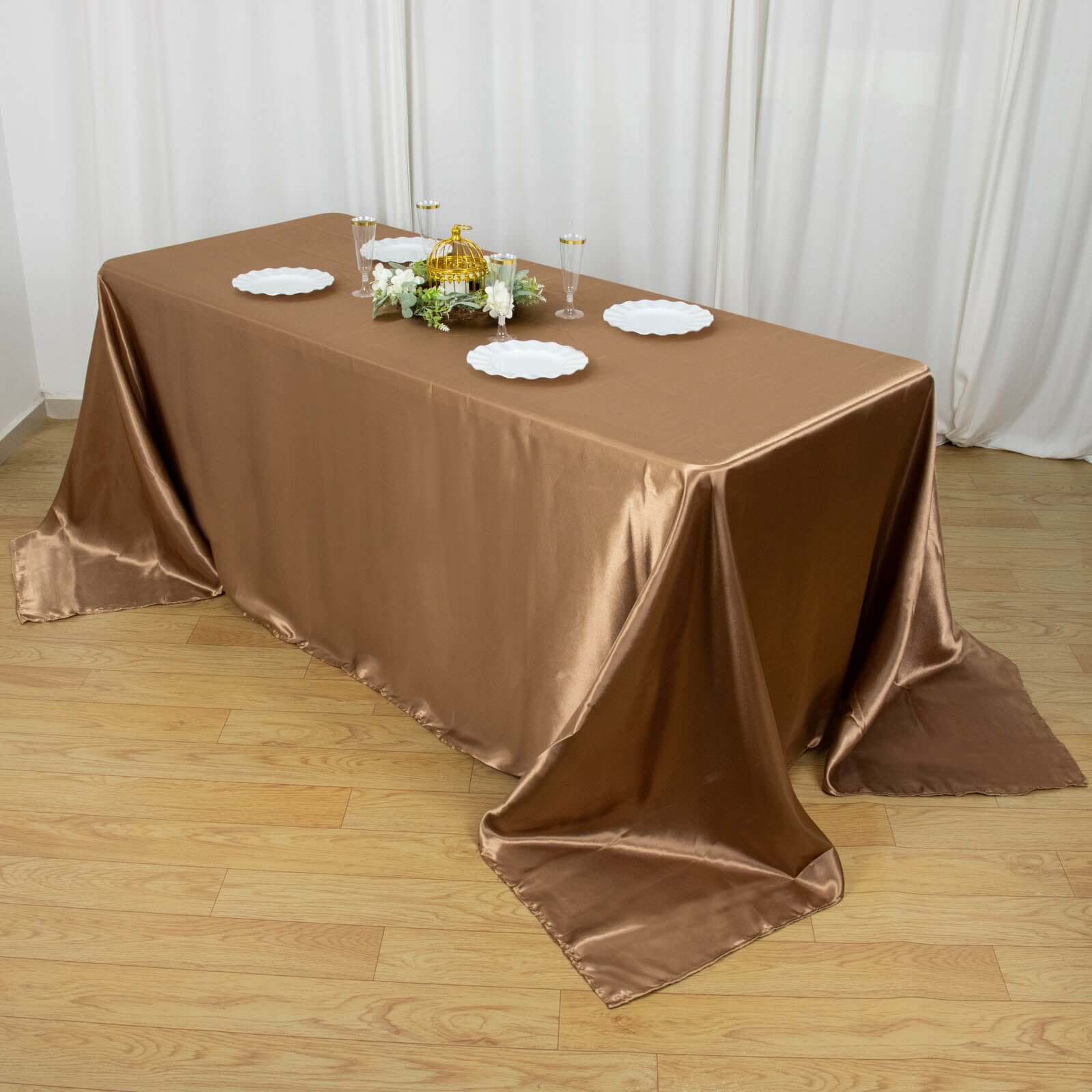 Premium Seamless Satin Taupe Tablecloth 90x132 for Weddings and Events