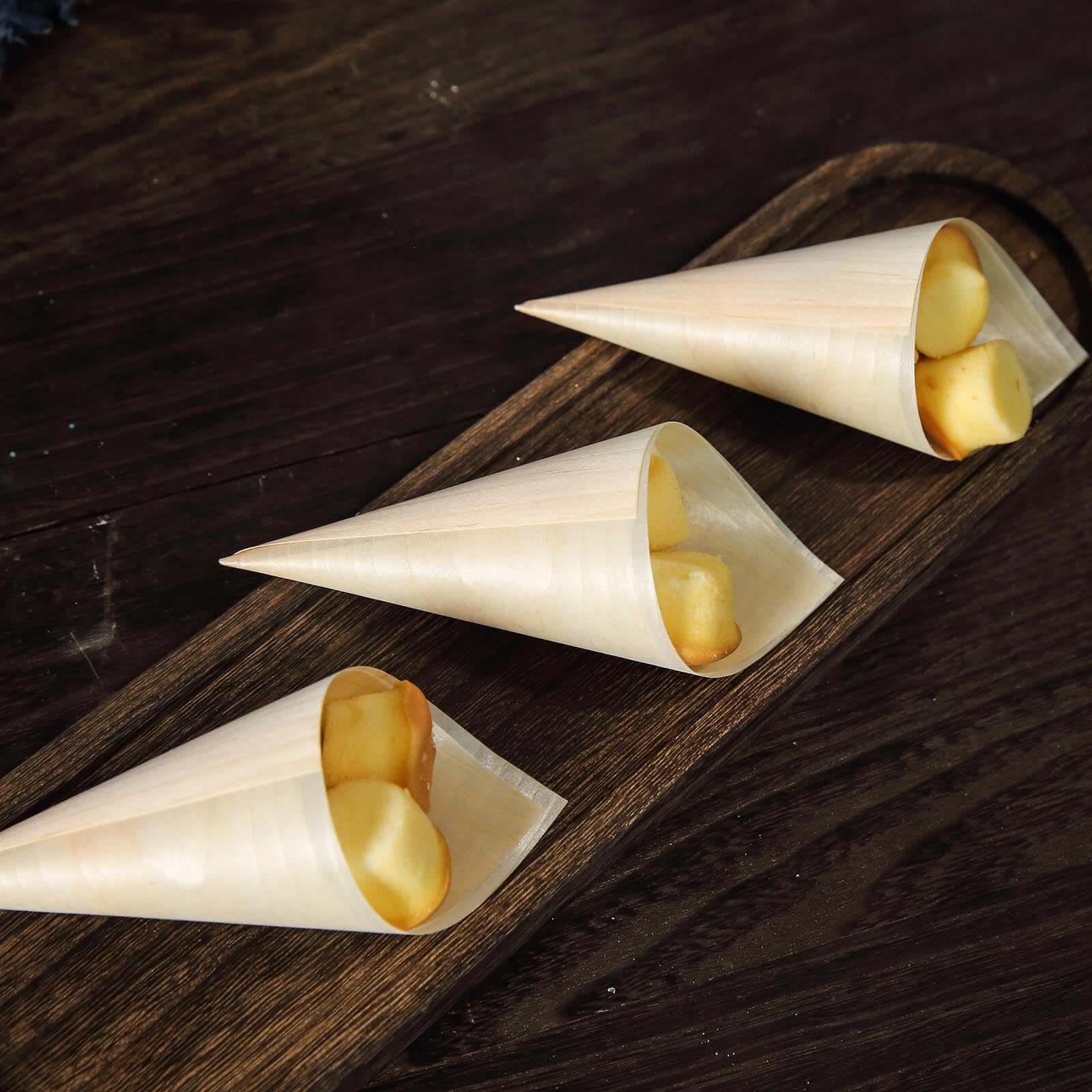 Get 50-Pack Eco-Friendly Natural Pine Wood Disposable Food Tasting and Serving Cones, 6 Inches