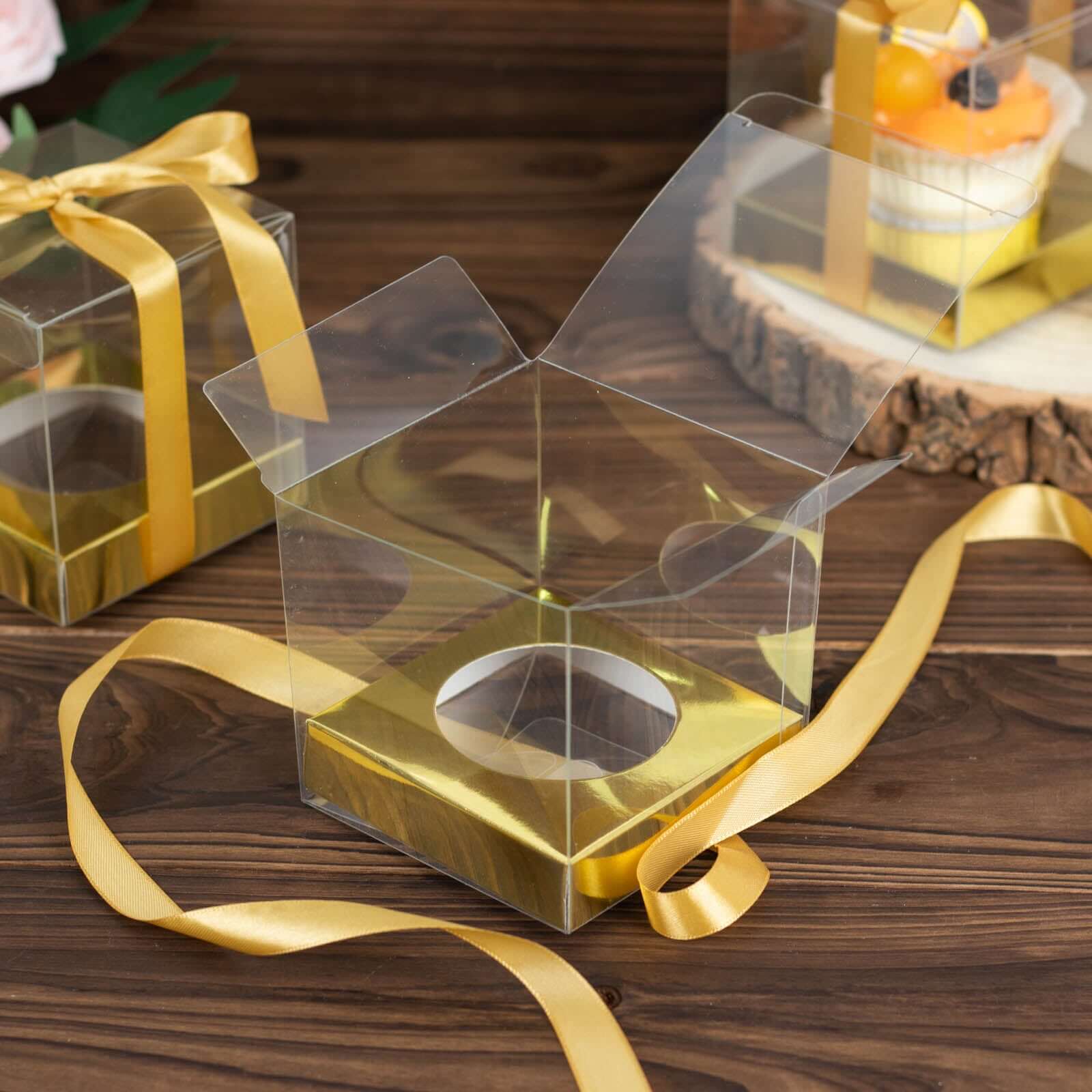 Hot Sale! 12-Pack 3.5-Inch Clear & Gold Disposable Plastic Cupcake Boxes with Ribbon for Weddings and Parties