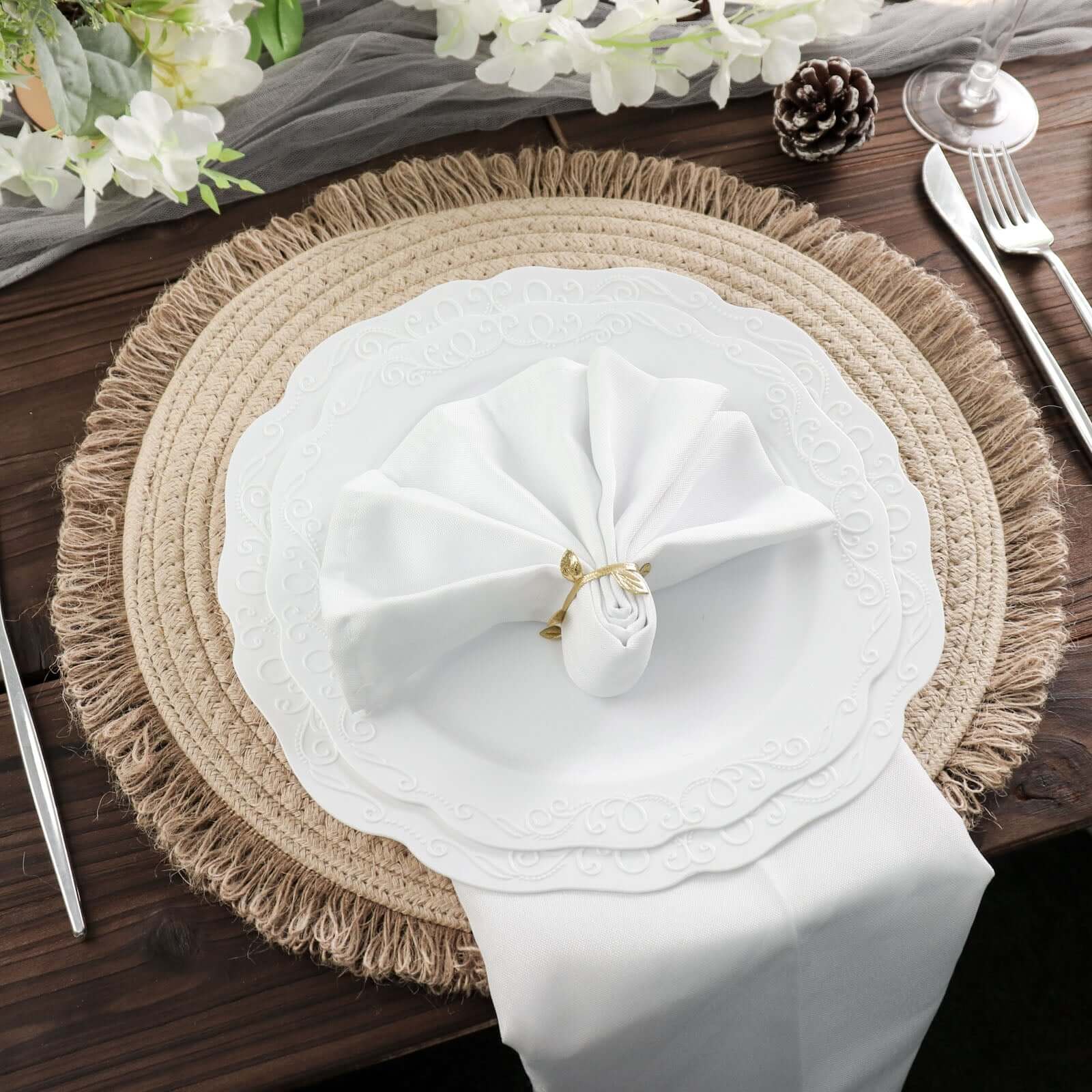 4-Pack Natural Rustic Burlap Jute Round Placemats with Fringed Edge - Farmhouse Style Table Decor