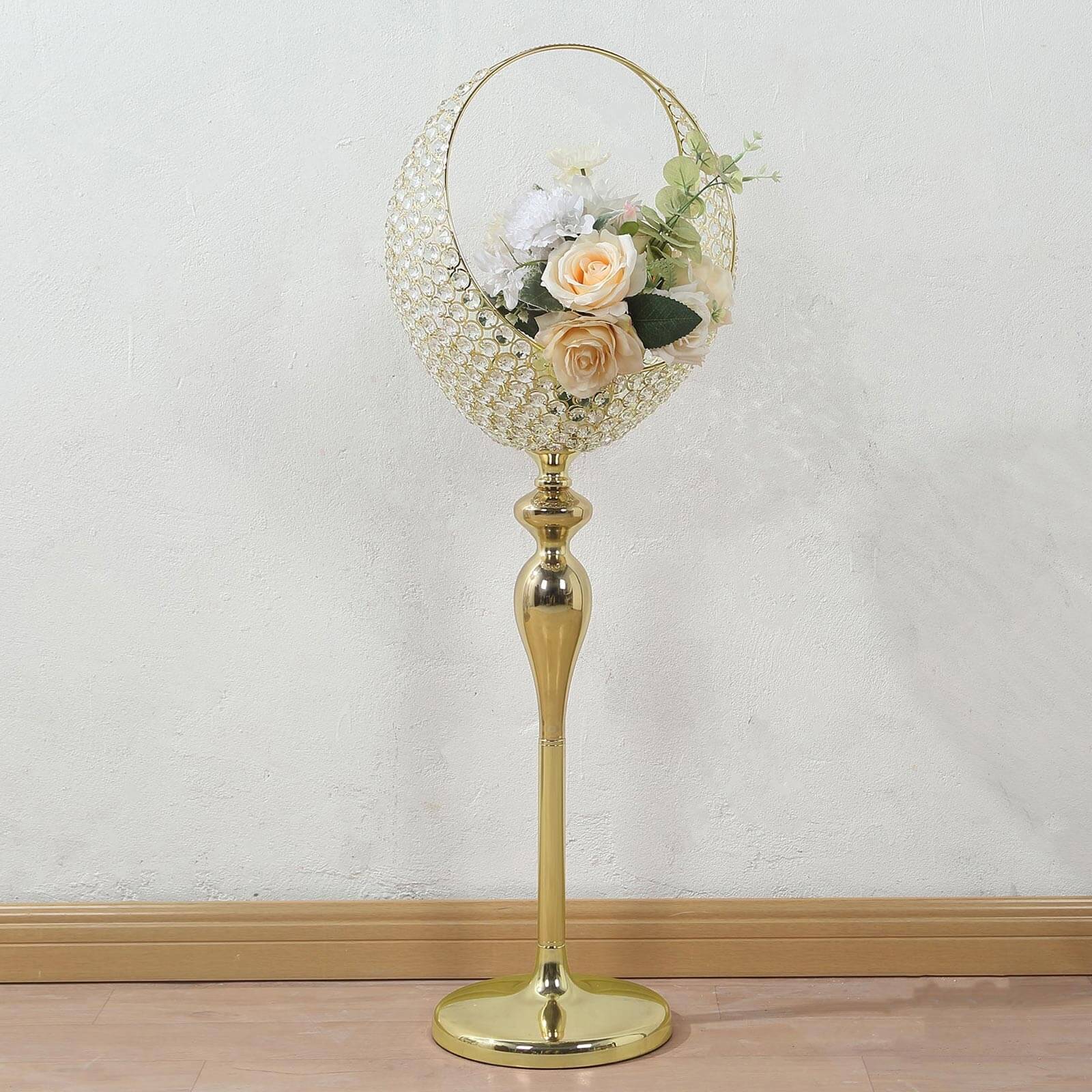 3ft Tall Gold Metal Crystal Beaded Candle Holder Stand - Ideal Wedding Flower Centerpiece