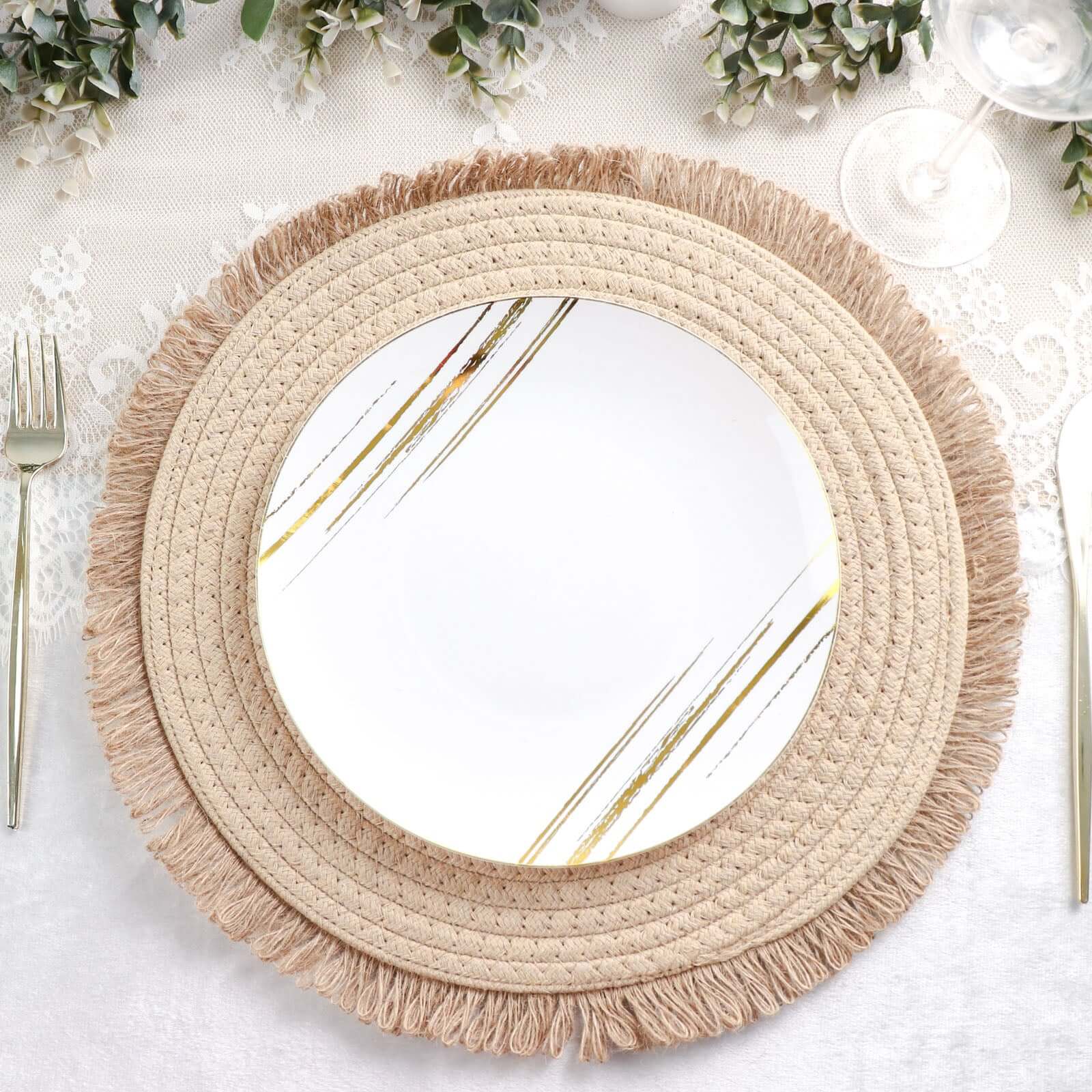 4-Pack Natural Rustic Burlap Jute Round Placemats with Fringed Edge - Farmhouse Style Table Decor