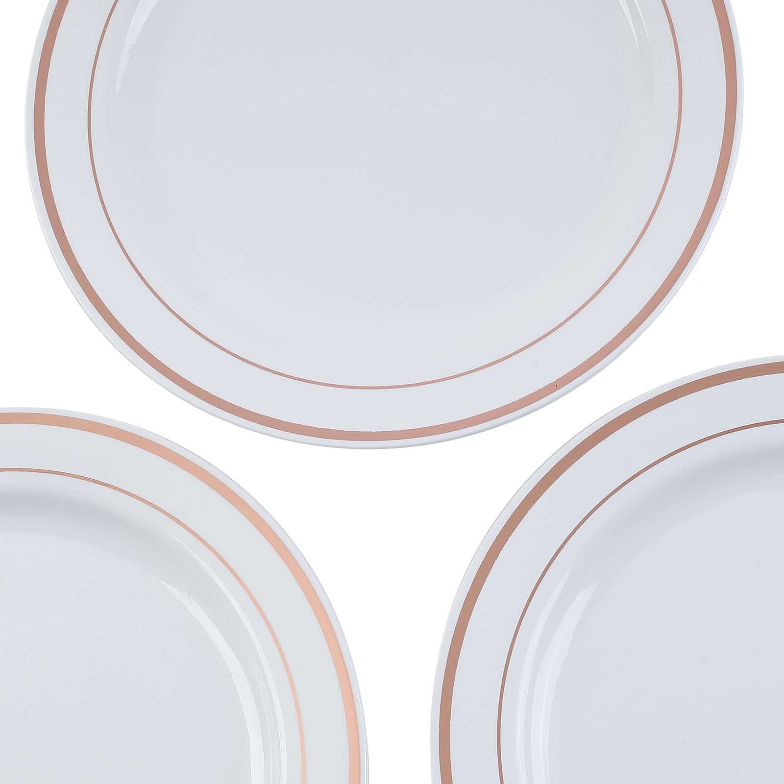 10-Piece Set of White Disposable Plastic Dessert Plates with Stylish Rose Gold Rim, 8 Inches