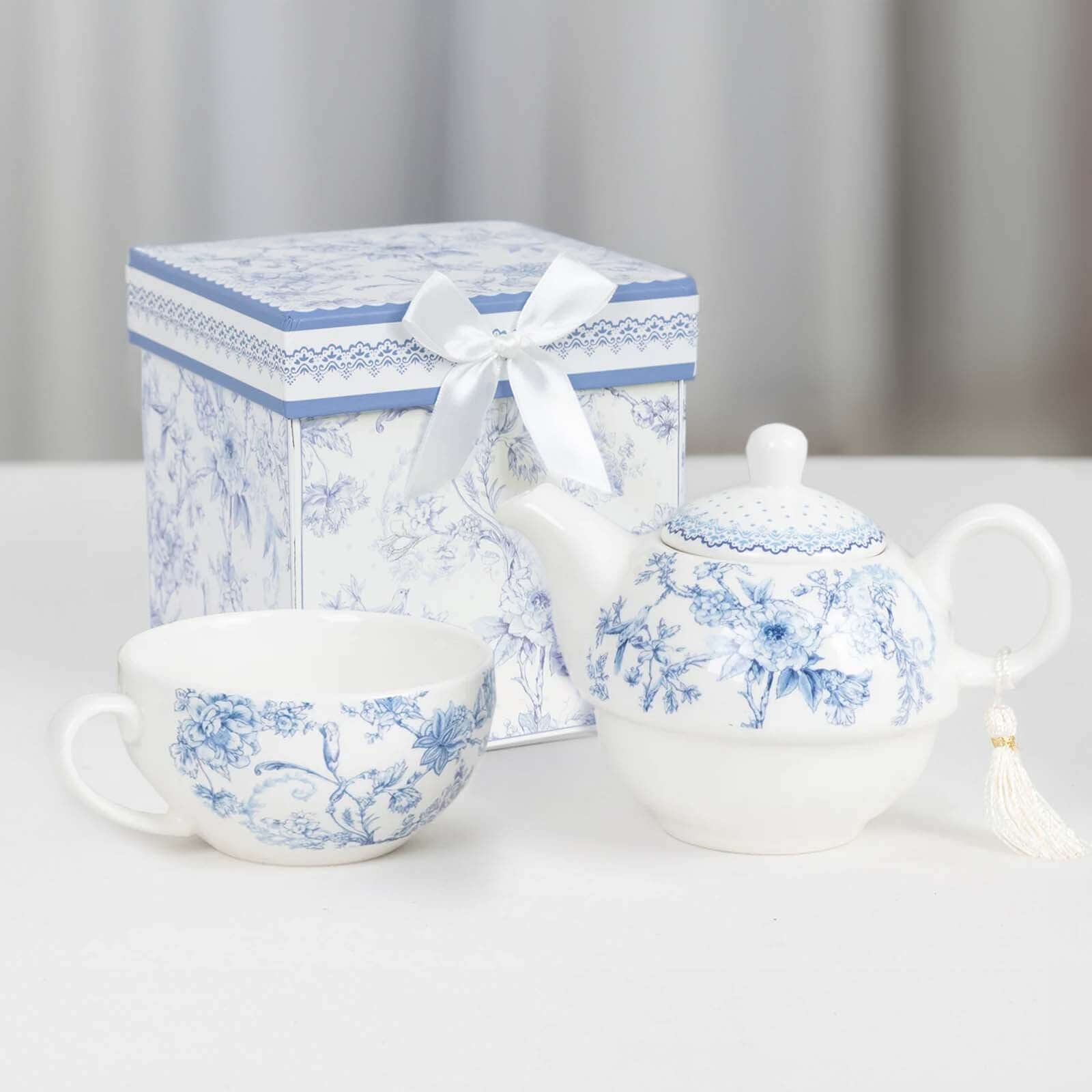 Premium French Toile Porcelain Teapot and Cup Set - Ideal Bridal Shower Gift with Keepsake Box