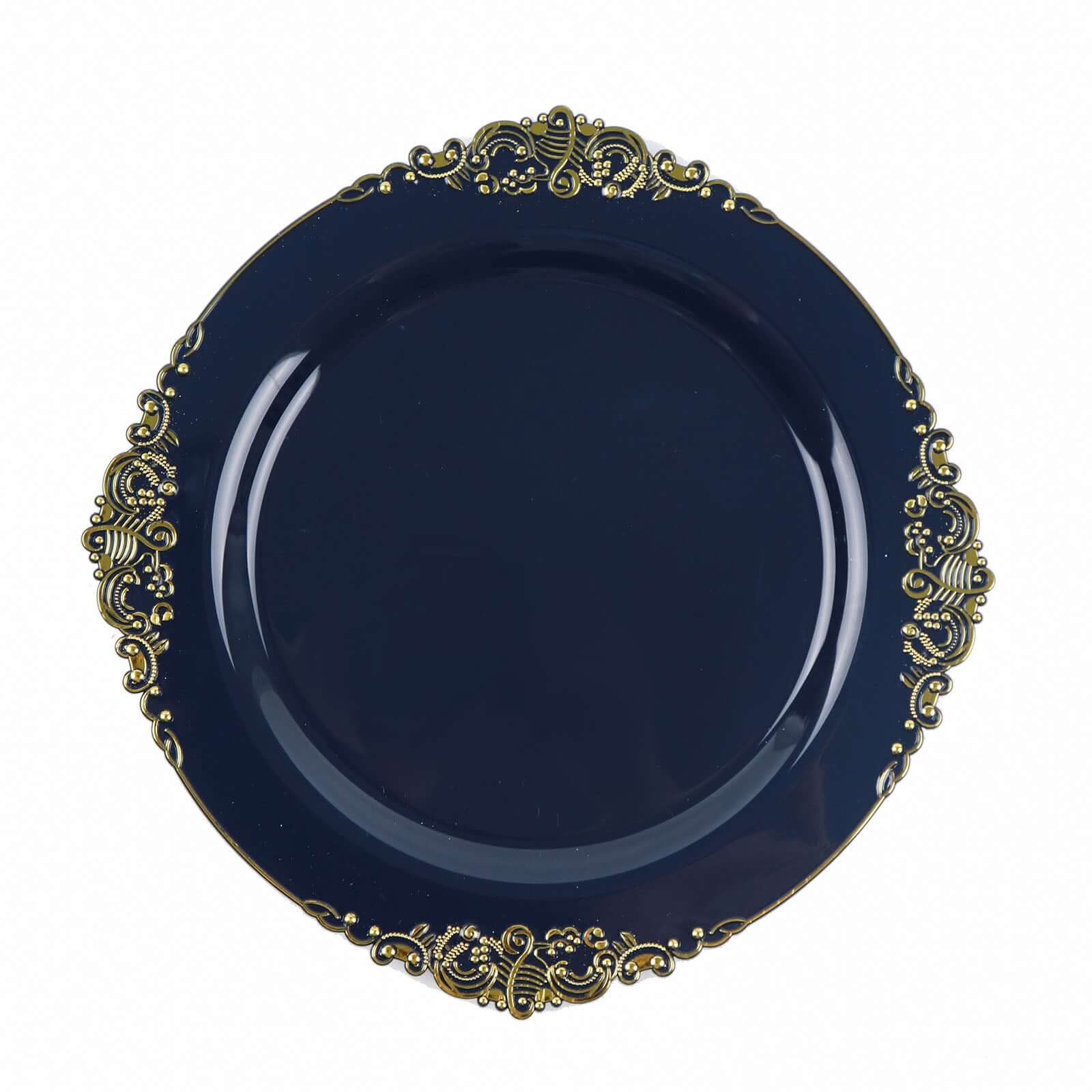 10-Pack Disposable Navy Blue Plastic Dinner Plates with Gold Leaf Embossed Rim - Vintage Baroque Style