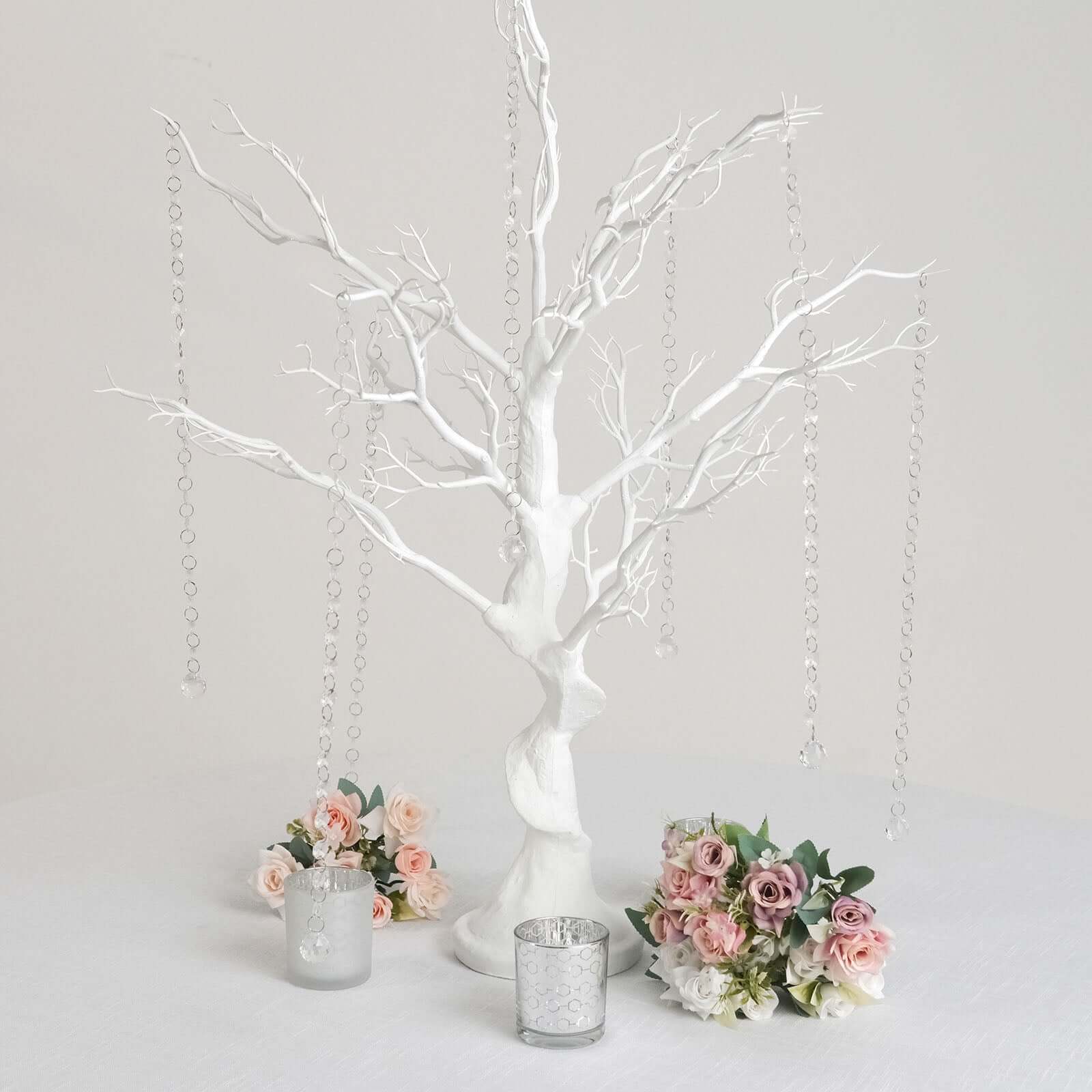 Hot Sale! White Manzanita Artificial Tree Centerpiece with 8 Acrylic Bead Chains for Modern Weddings and Parties