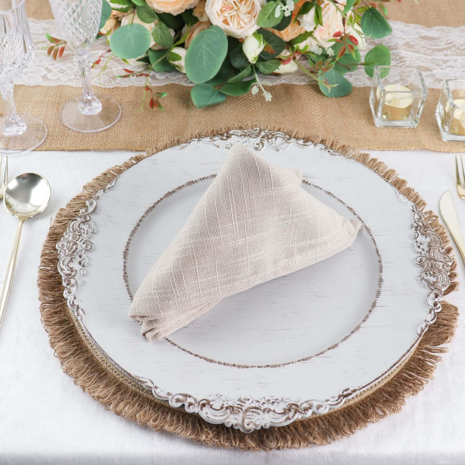 4-Pack Natural Rustic Burlap Jute Round Placemats with Fringed Edge - Farmhouse Style Table Decor