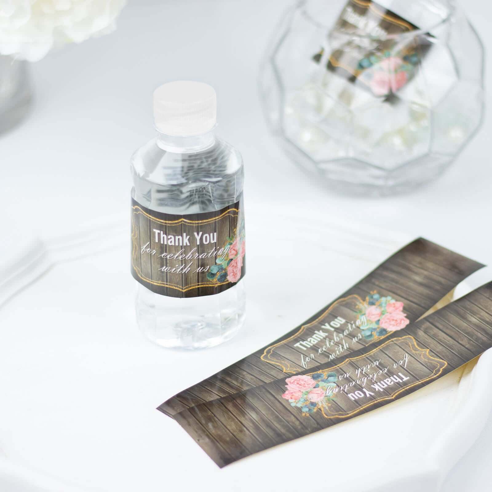 24-Pack Waterproof Rustic Water Bottle Labels with Gold Floral Frame - Thank You!