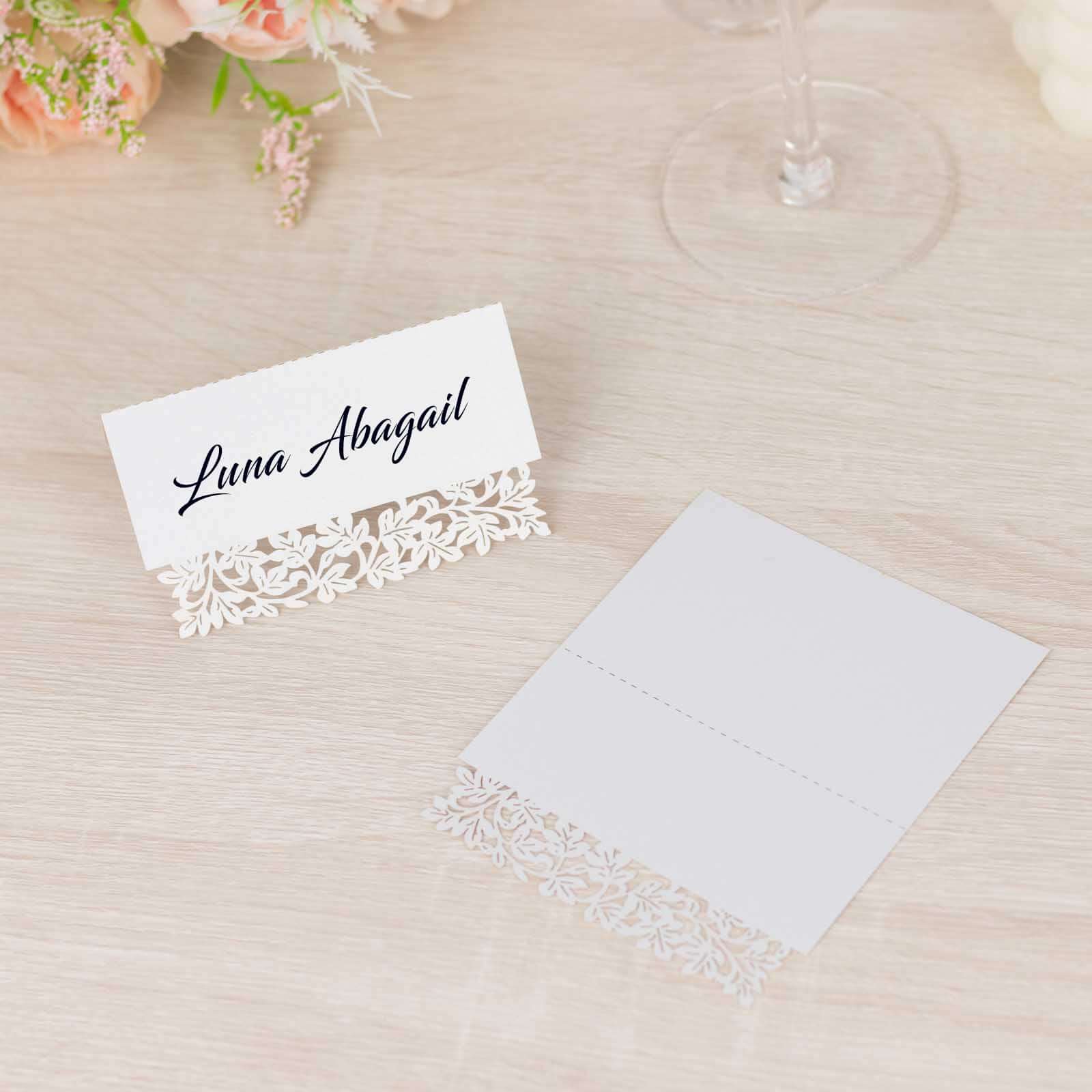 50-Pack Printable White Wedding Place Cards with Laser Cut Leaf Vine Design, 210 GSM