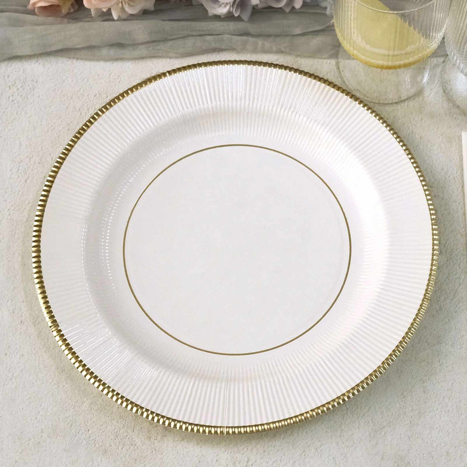 25-Pack Disposable 10-Inch White Sunray Dinner Plates with Gold Rim, 350GSM Heavy Duty