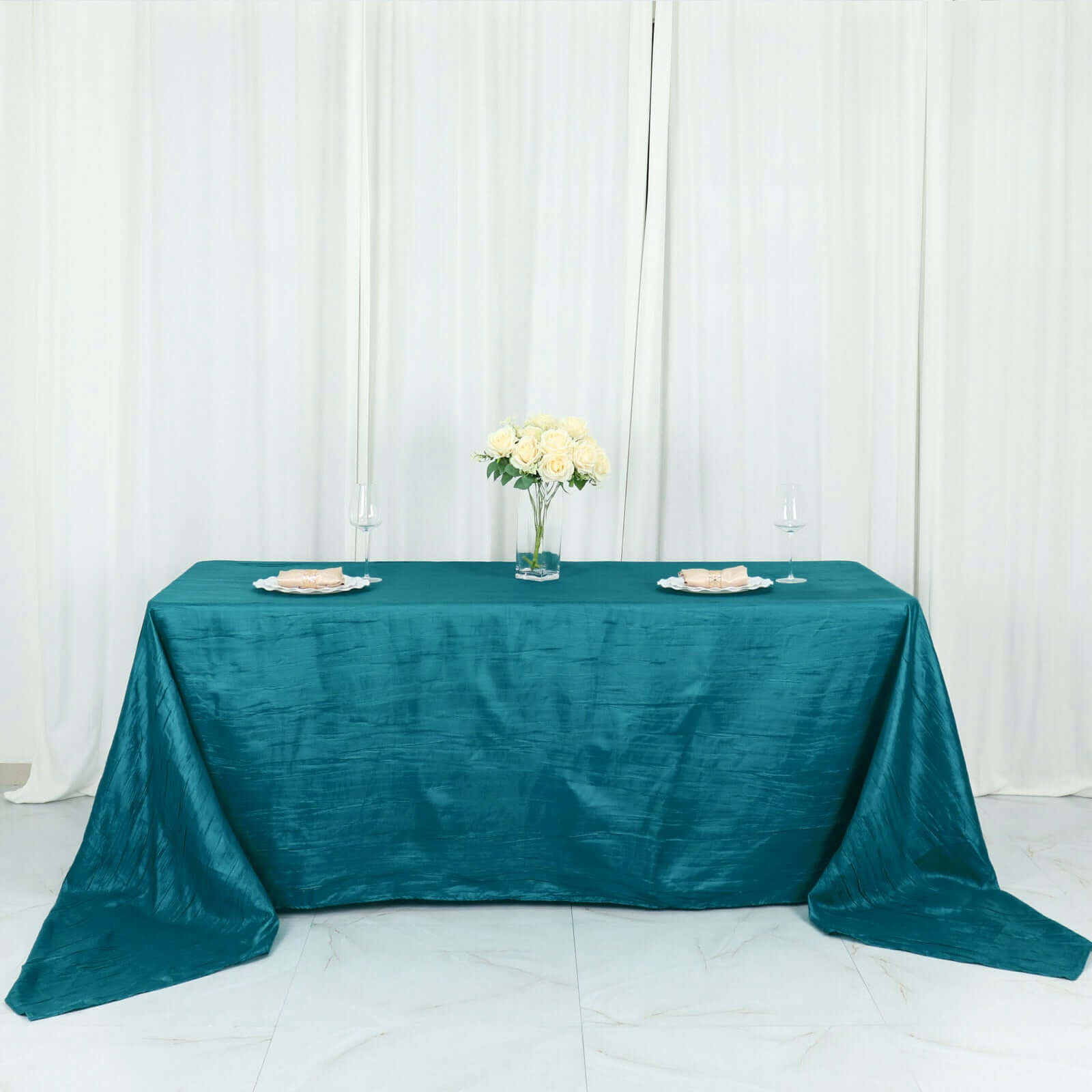 Teal Crinkle Taffeta 90x156 Rectangle Tablecloth - Seamless, Exquisite Cover