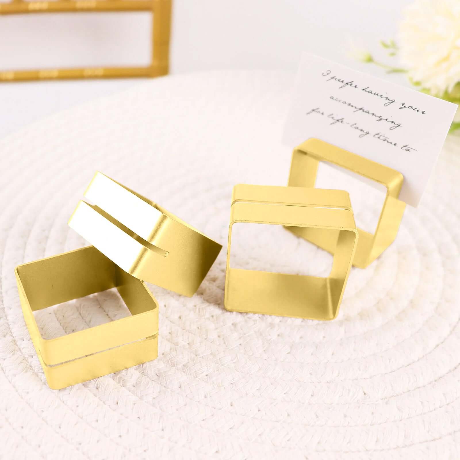 4-Pack Modern Matte Gold Metal Square Napkin Rings with Place Card Holder - Ideal for Events