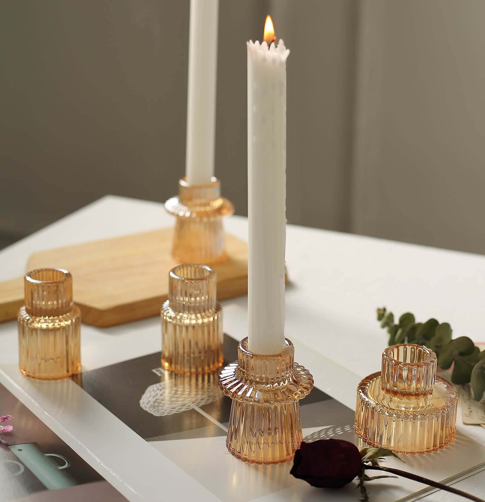 Hot Sale! Set of 6 Amber Gold Glass Taper Candle Holders with Ribbed Crystal Design