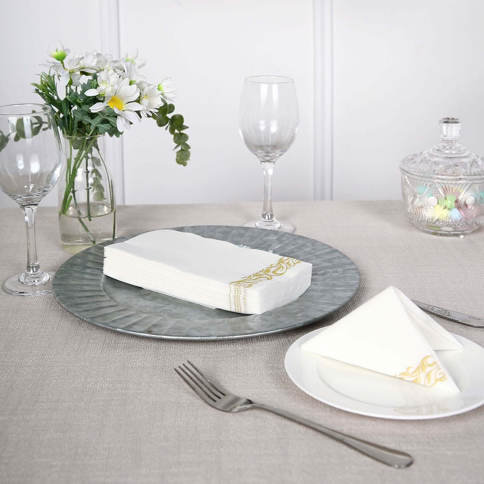 25-Pack Premium White Paper Napkins with Metallic Gold Foil Scroll Design - Ideal for Weddings & Events