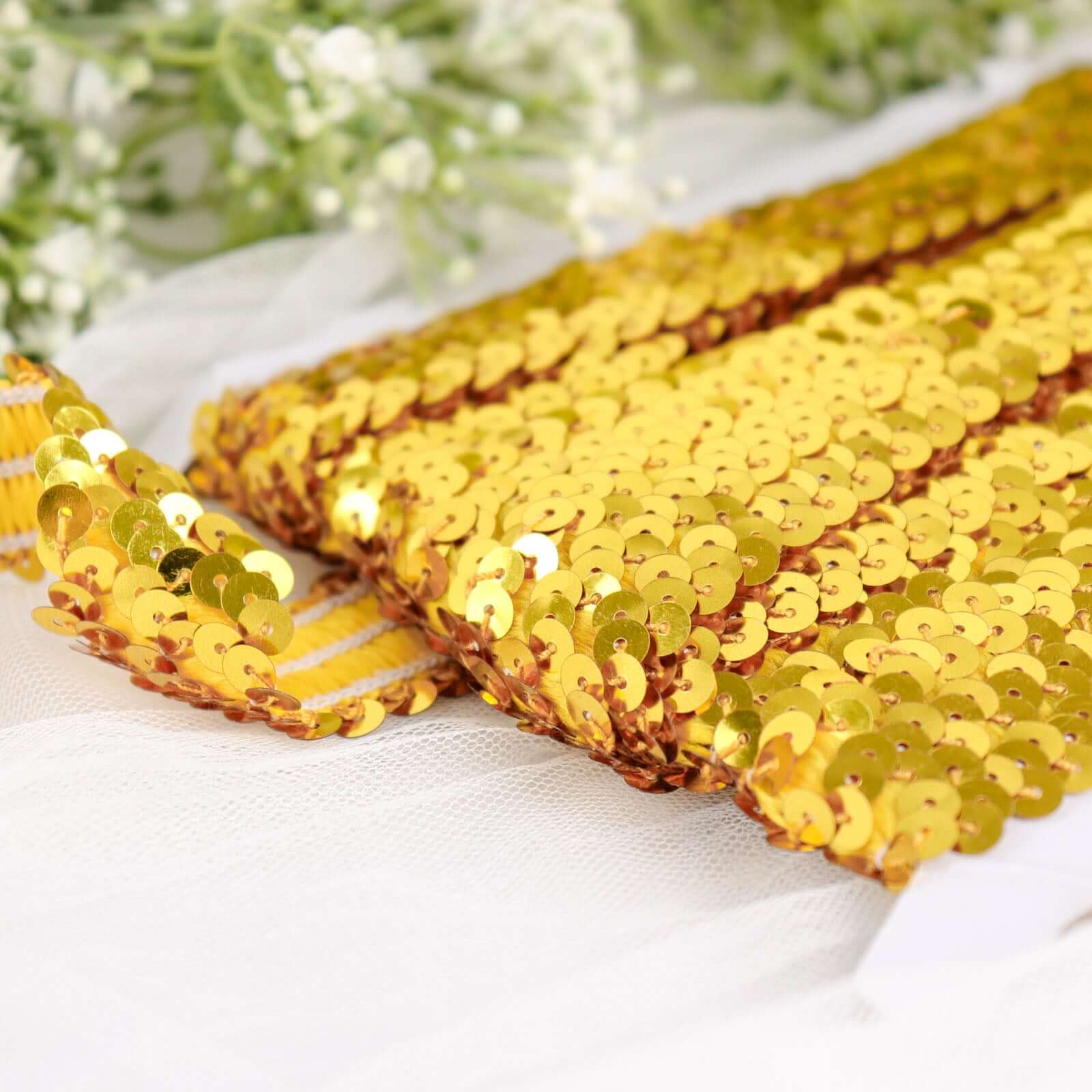 Hot Sale! 10-Yard 1-Inch Metallic Gold Sequin Stretch Fabric Ribbon for Crafting