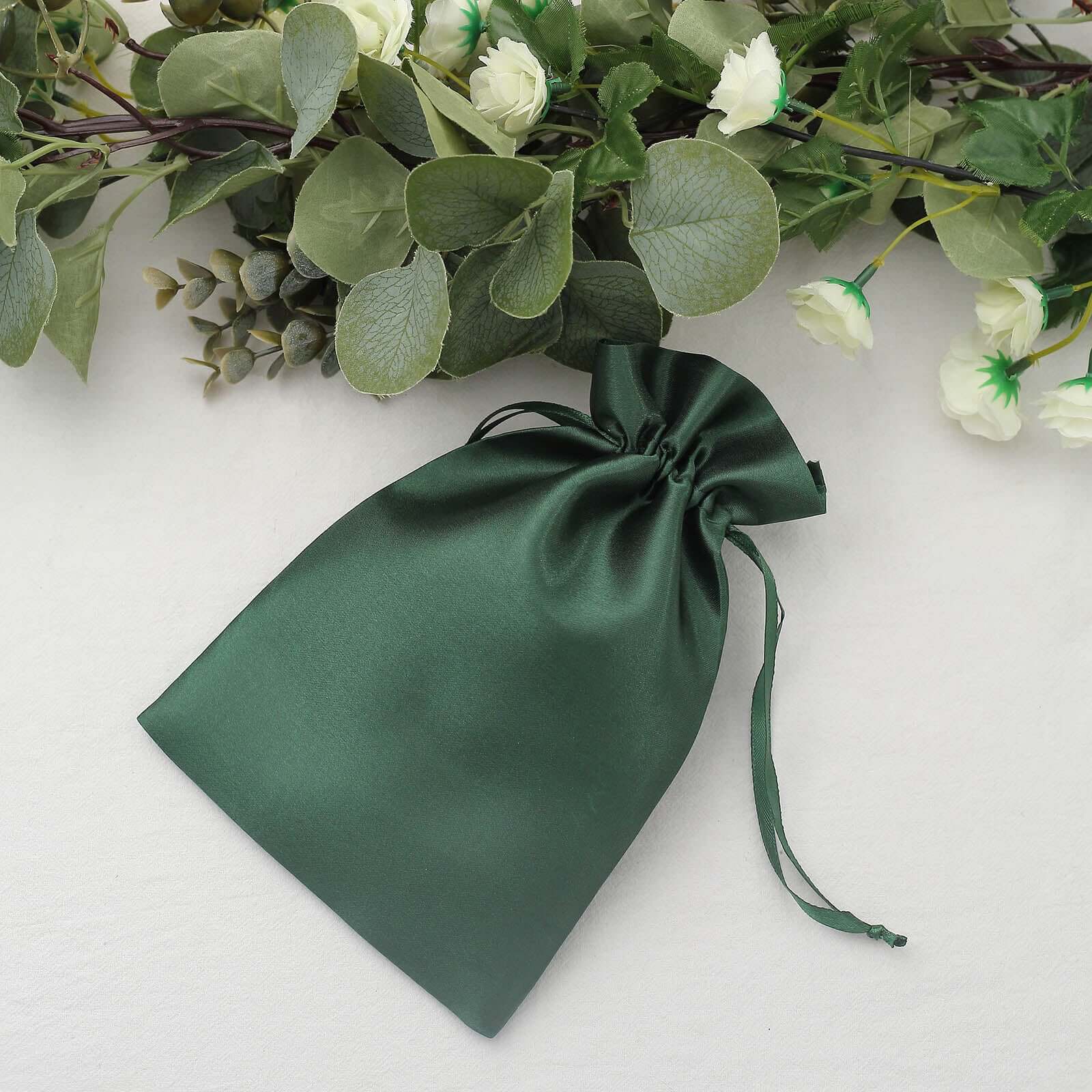 12-Piece Set of 6x9 Hunter Emerald Green Satin Drawstring Wedding Favor Gift Bags