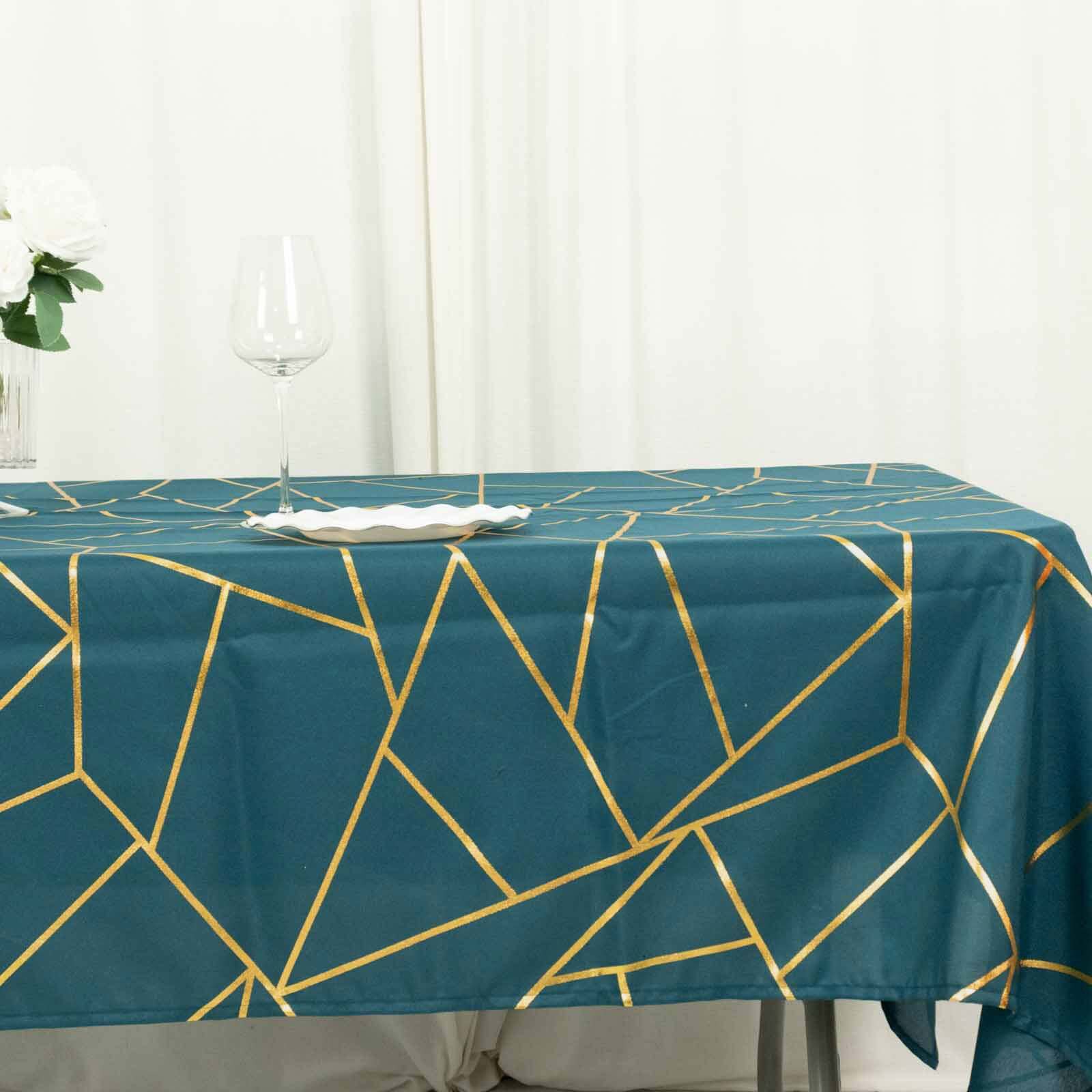 Wrinkle-Resistant & Durable Polyester Tablecloth: 60x102 Rectangle in Peacock Teal with Gold Foil Geometric Pattern