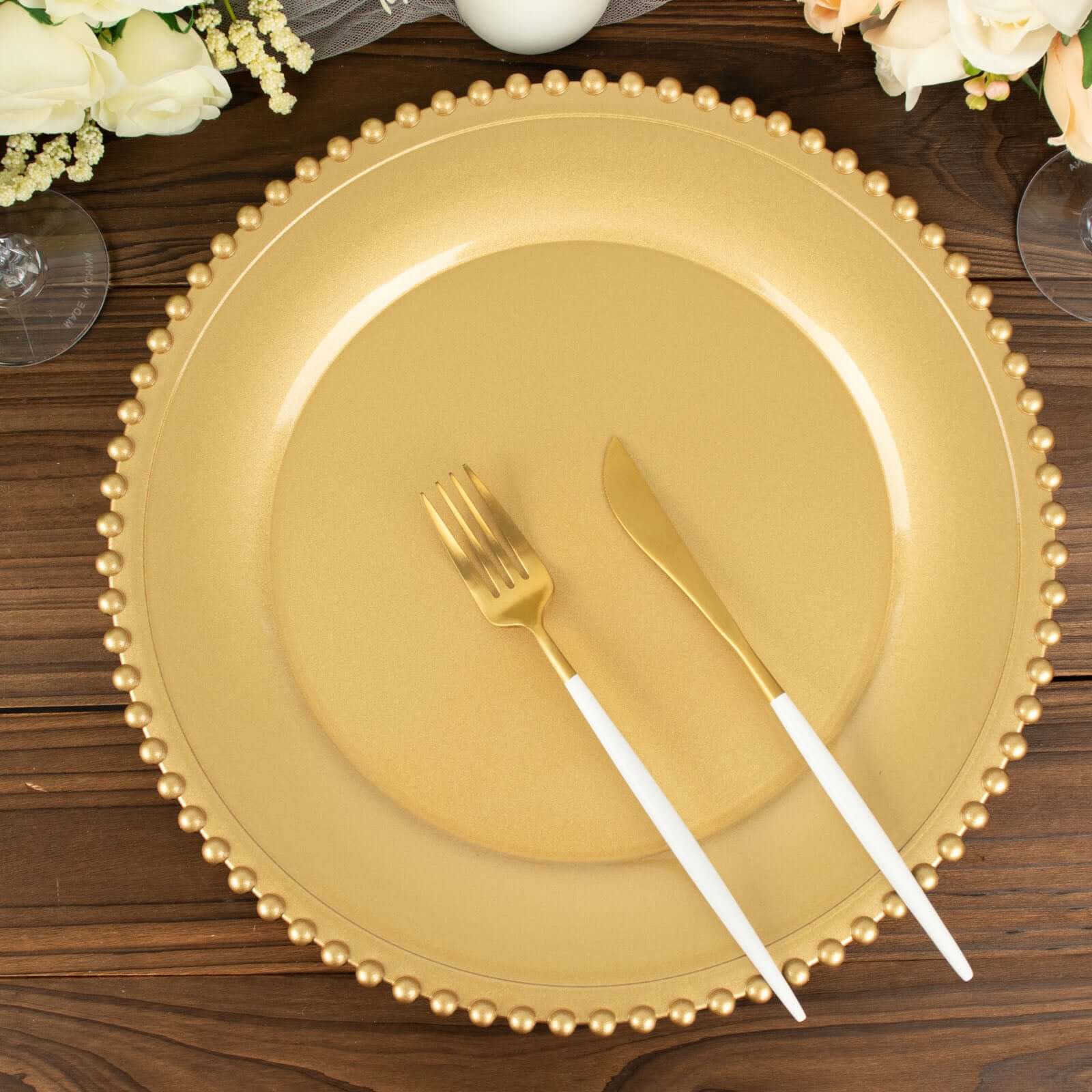 Hot Sale! 6-Pack Gold Acrylic Round Charger Plates with Beaded Rim for Decorative Dinner Parties