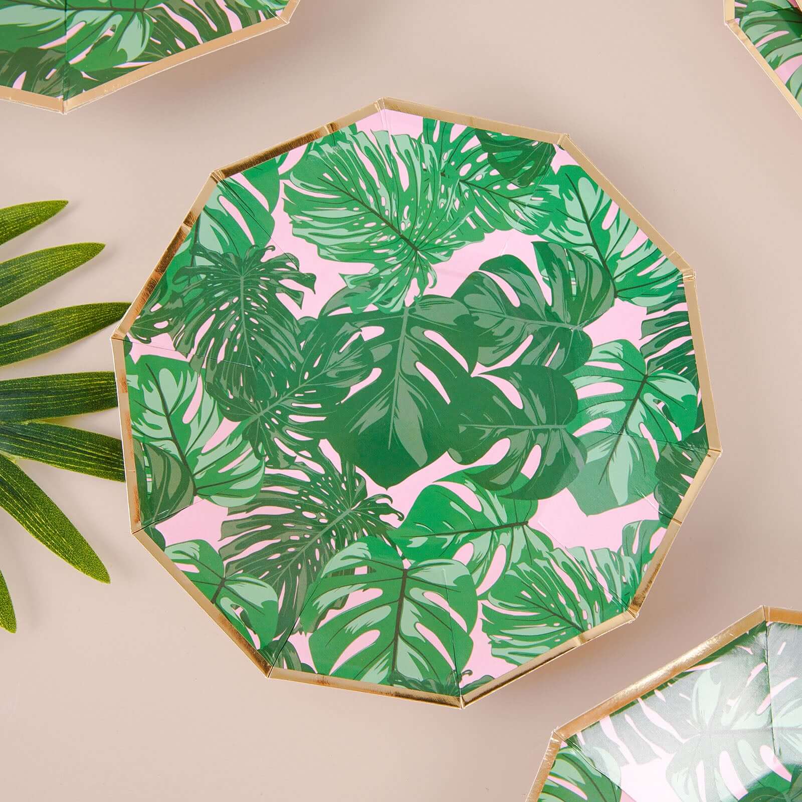 Hot Deal! 25-Pack Disposable 7-Inch Pink Paper Decagon Dessert Plates with Green Tropical Palm Leaves & Gold Rim for Boho & Jungle Events