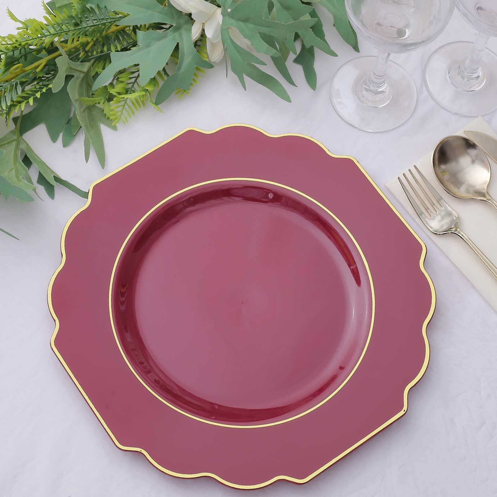 10-Piece Set of Heavy Duty Disposable Burgundy Baroque Dinner Plates with Scalloped Gold Rim