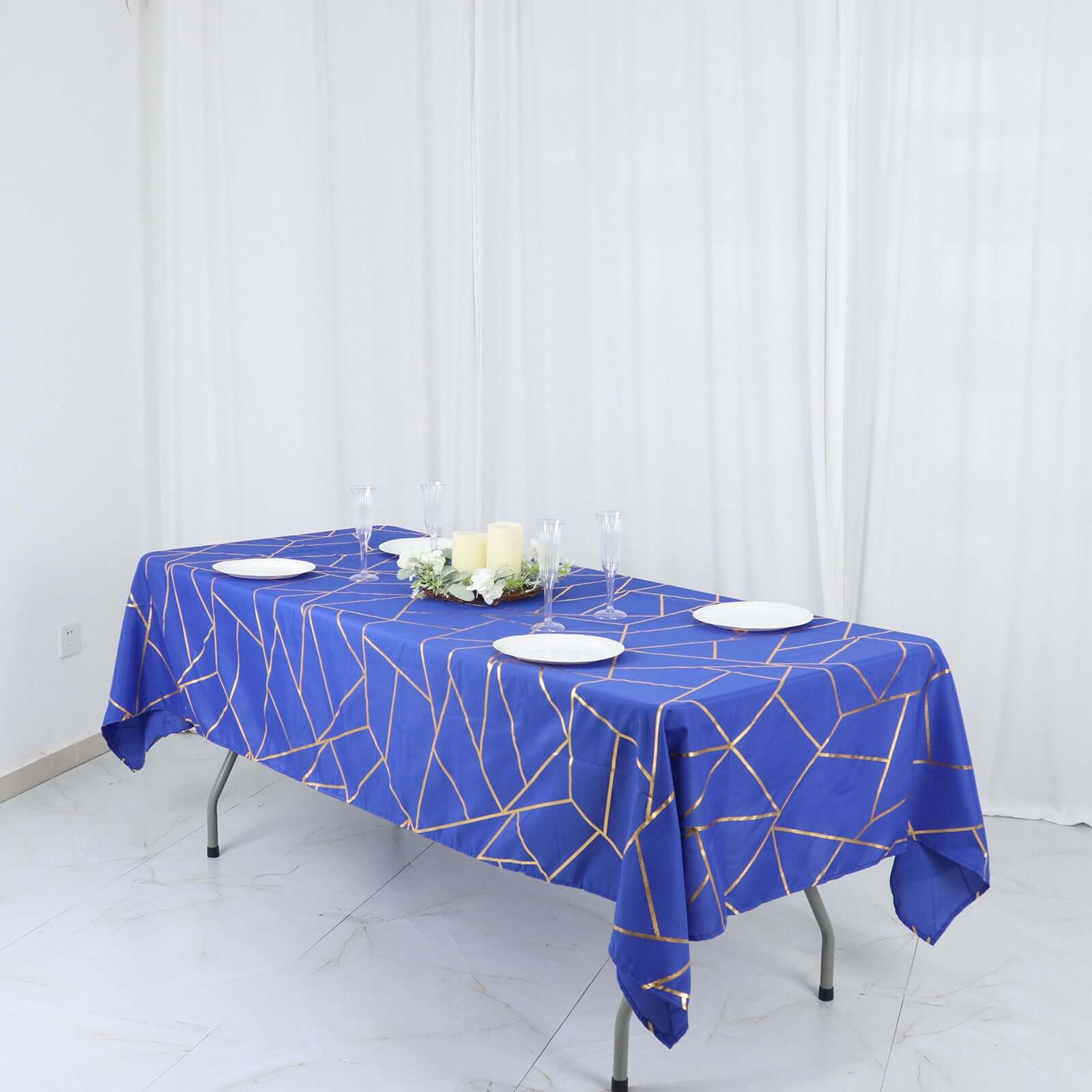 Wrinkle-Resistant & Durable Royal Blue Polyester Tablecloth with Gold Foil Geometric Pattern (60x102)