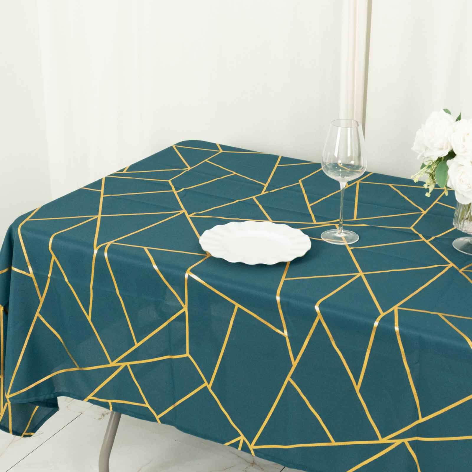 Wrinkle-Resistant & Durable Polyester Tablecloth: 60x102 Rectangle in Peacock Teal with Gold Foil Geometric Pattern