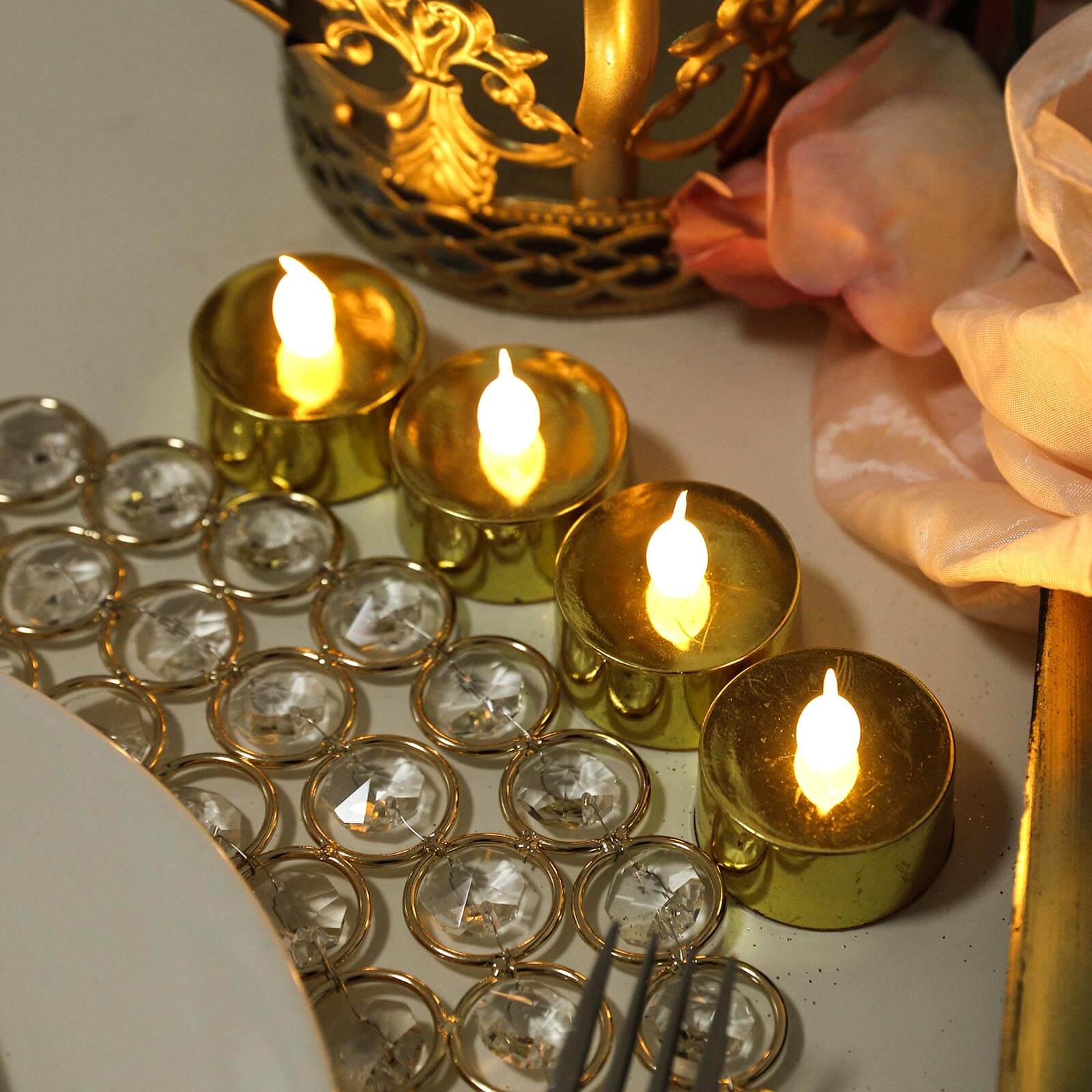 Amazing 12-Pack Reusable Flameless LED Tealight Candles with Metallic Gold Design, Battery Operated