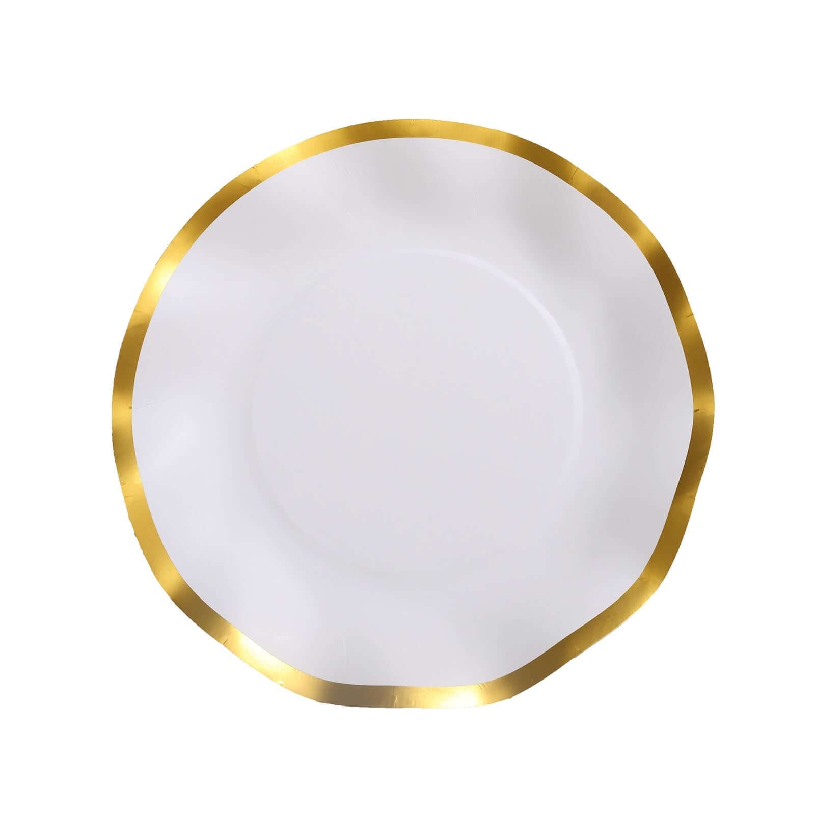 25-Piece Set of Disposable 8-Inch Round Matte White Paper Dessert Plates with Gold Wavy Rim for Upscale Events