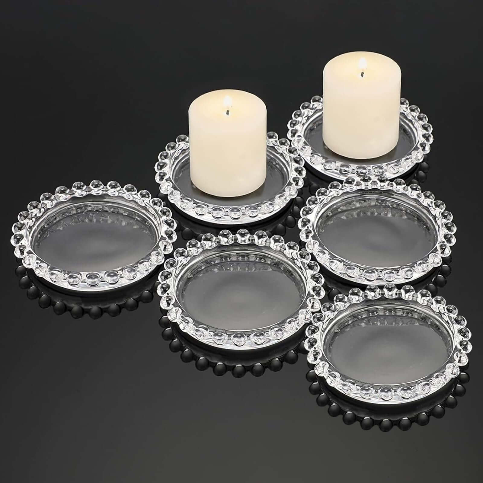 6-Pack Clear Glass Pillar Candle Holder Plates with Beaded Rims - Ideal Small Round Coasters
