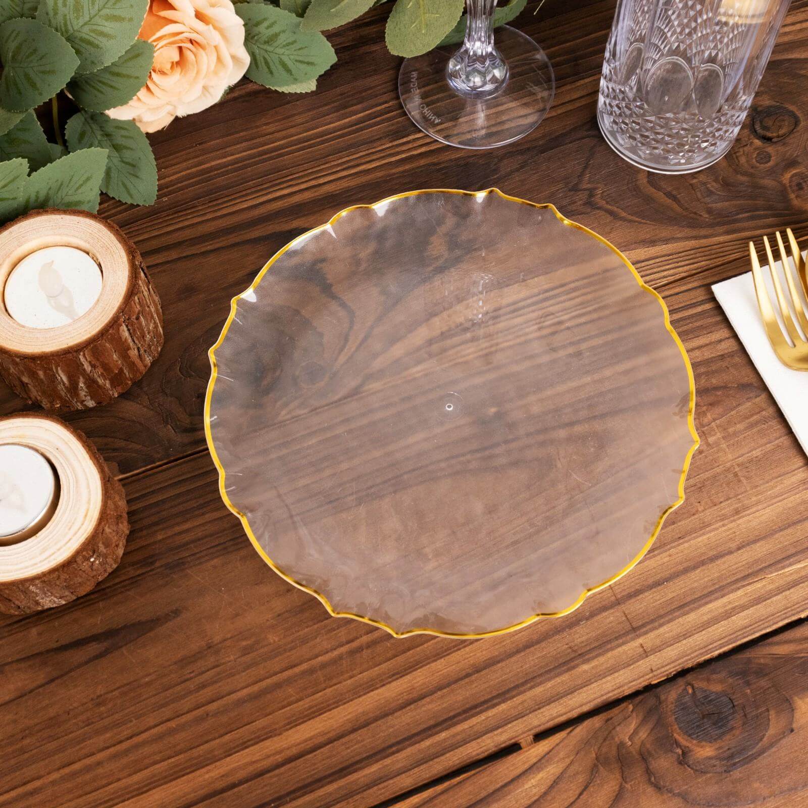 10-Pack Clear Plastic Round Dessert Plates with Gold Scalloped Sunflower Rim - Ideal for Special Events