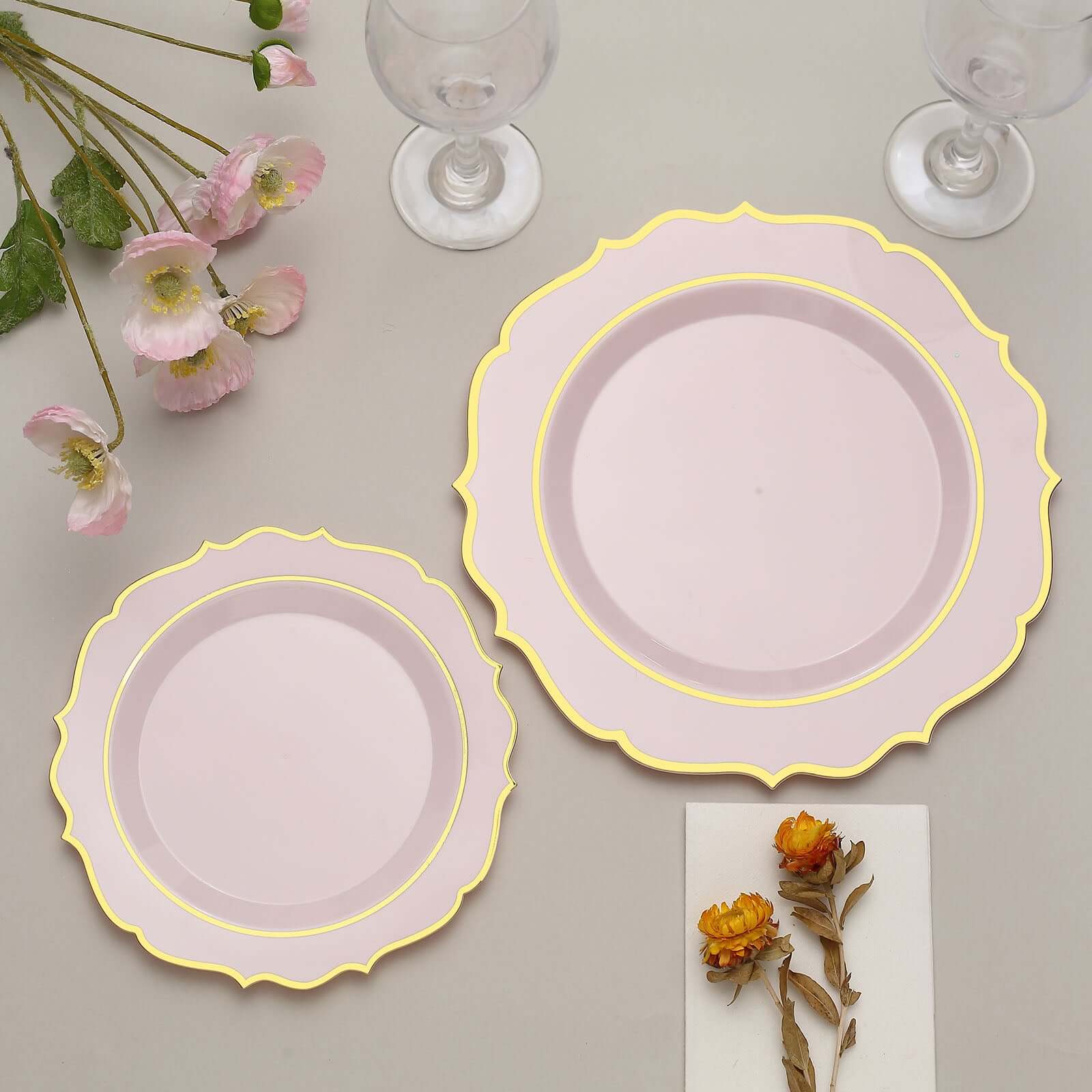 Hot Deal! 10-Pack Disposable Blush Plastic Dinner Plates with Gold Scalloped Rim