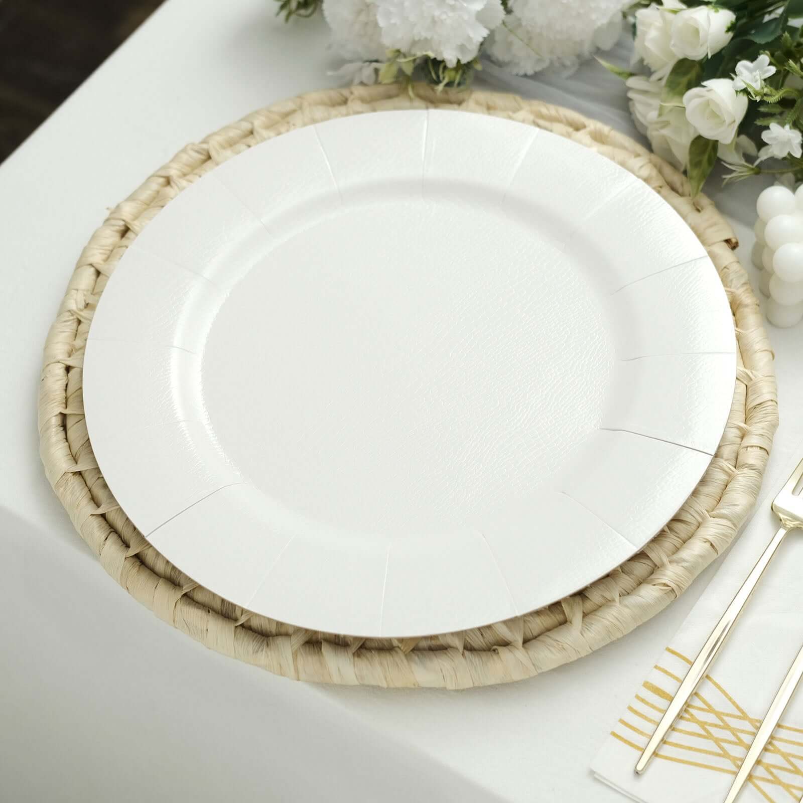 10-Pack White Disposable Round Charger Plates with Leathery Texture - Ideal for Parties