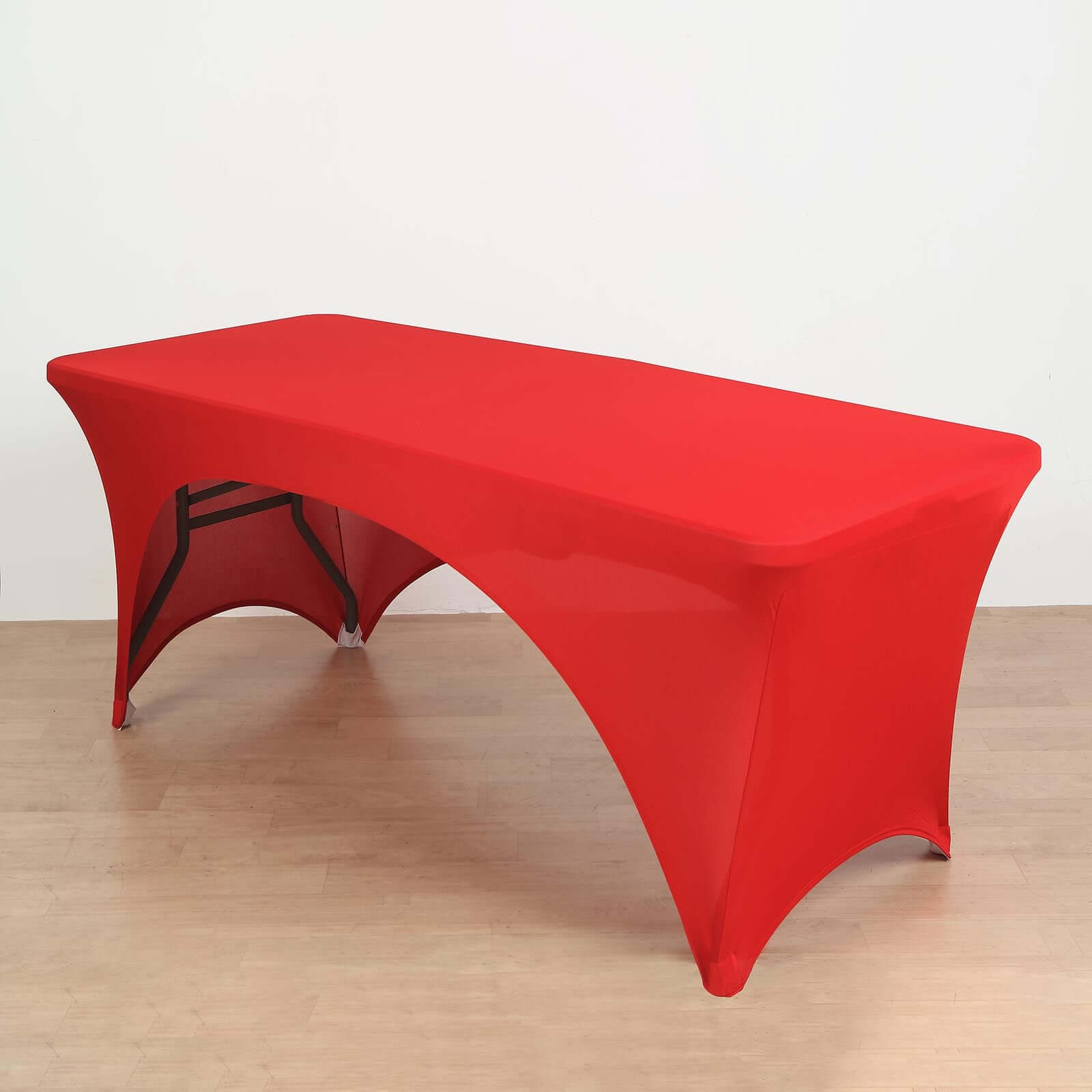 Red Stretch Spandex 96x30 Rectangle Table Cover with Curved Open Back for Professional Look