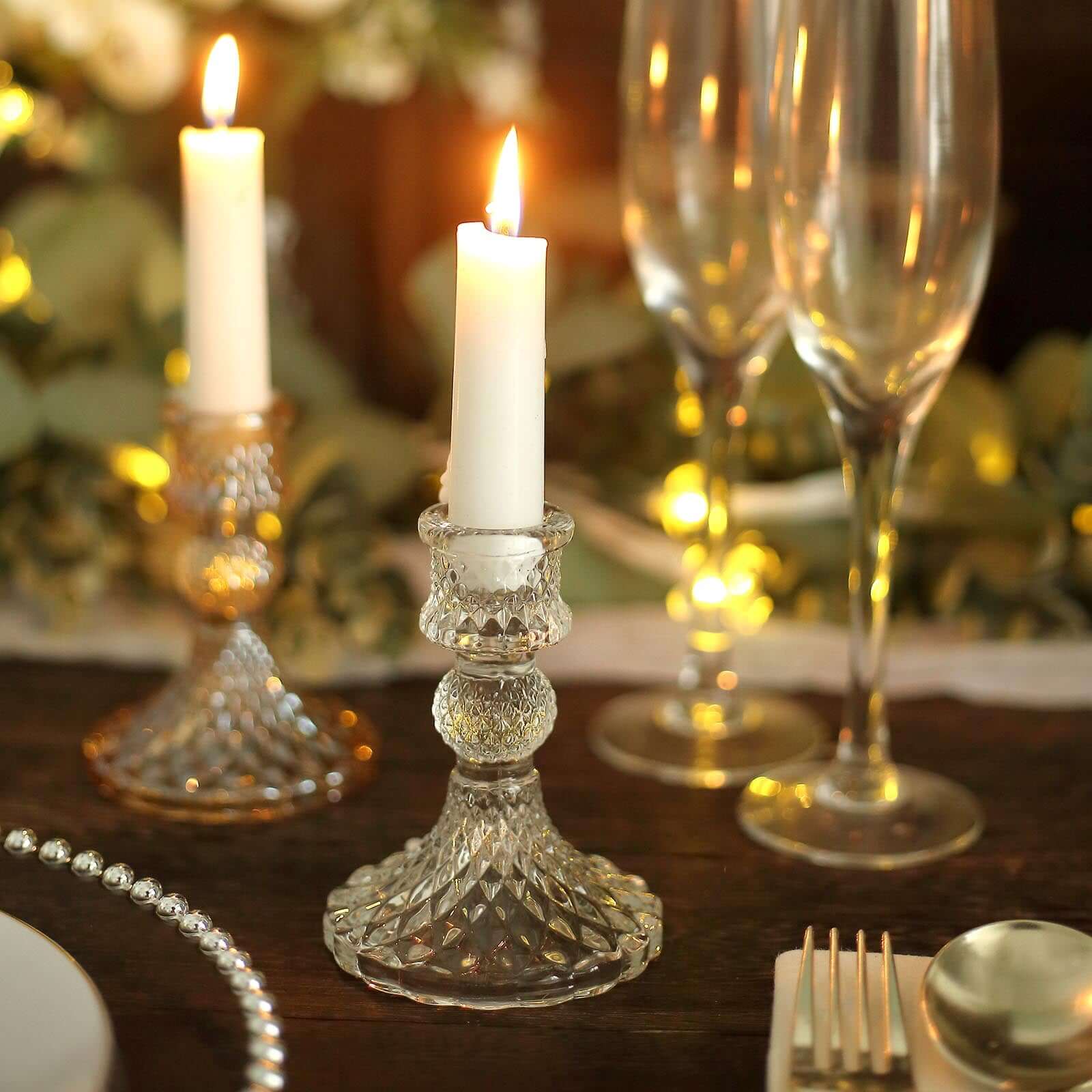 6-Piece Clear Glass Taper & Pillar Candle Holders with Diamond Pattern