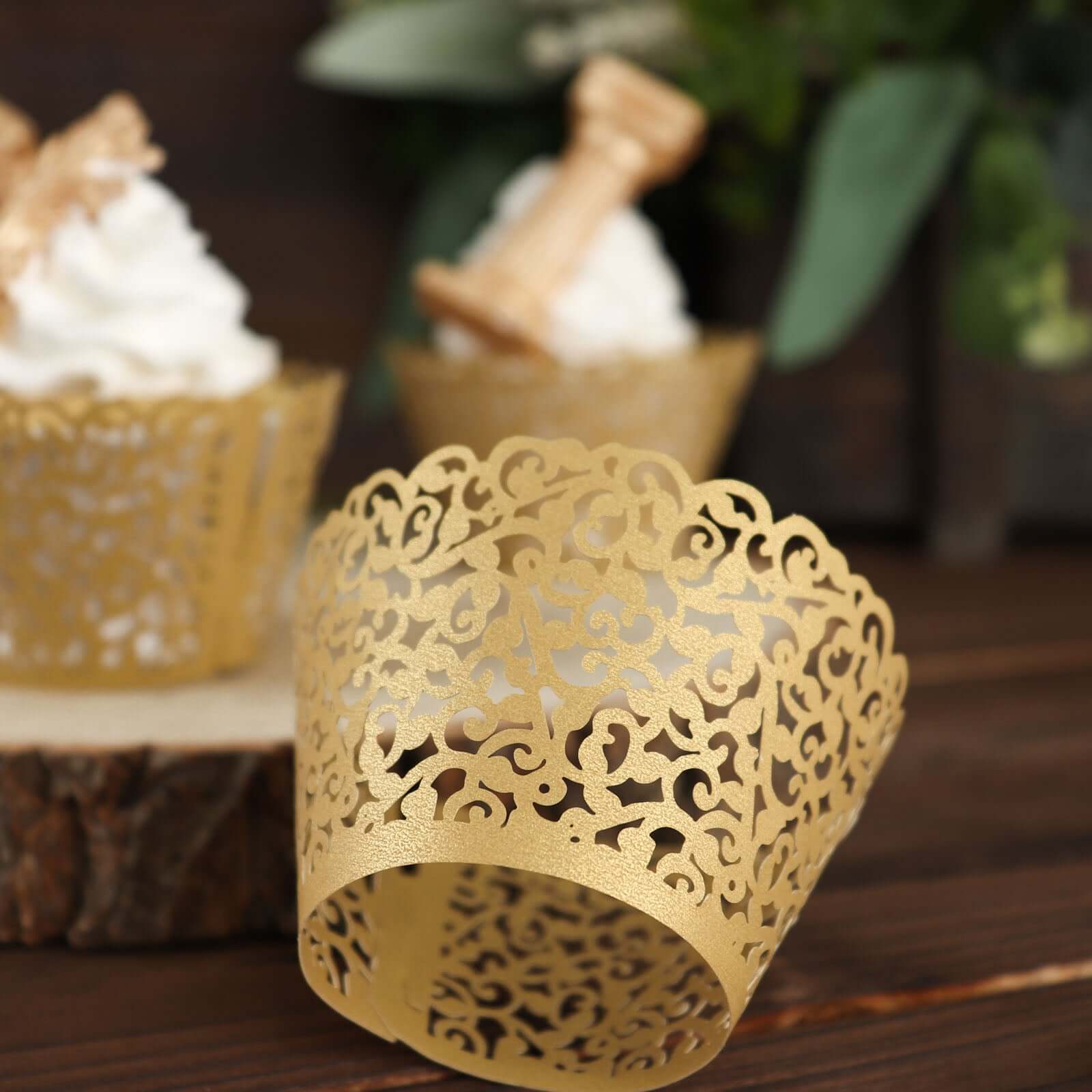 25-Piece Gold Lace Laser-Cut Paper Cupcake Wrappers for Event Baking